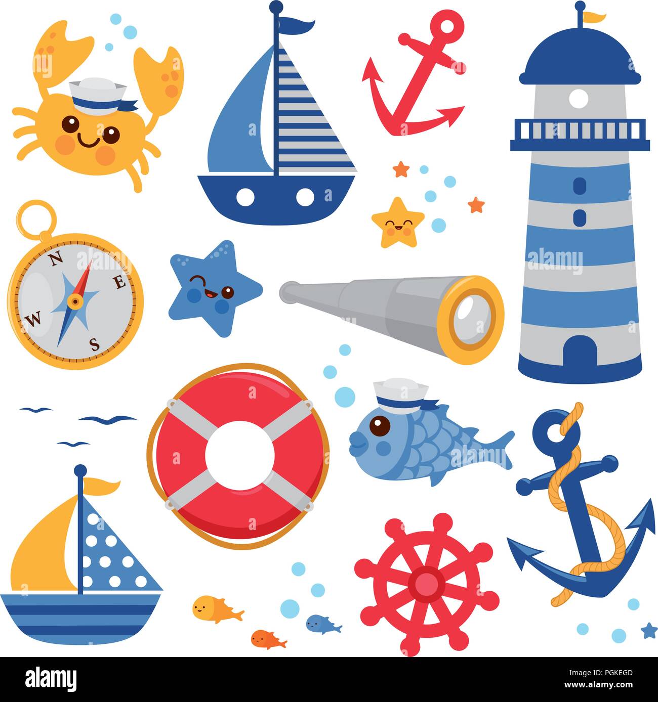Ensemble d'illustrations marines et nautiques. Animaux marins mignons, crabes et poissons dans un ensemble clipart à thème nautique. Phare, ancre, bouée de sauvetage et bateaux. Illustration de Vecteur