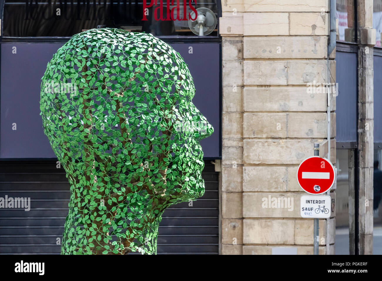 Digione, scultura in ferro battuto une forma di foglie che riproduce volto umano Banque D'Images