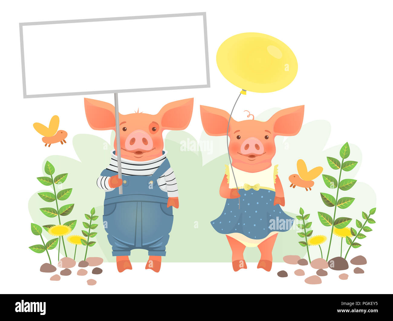 Animal mignon holding sign. Cartoon pig holding blank banner. Illustration animal mignon Banque D'Images