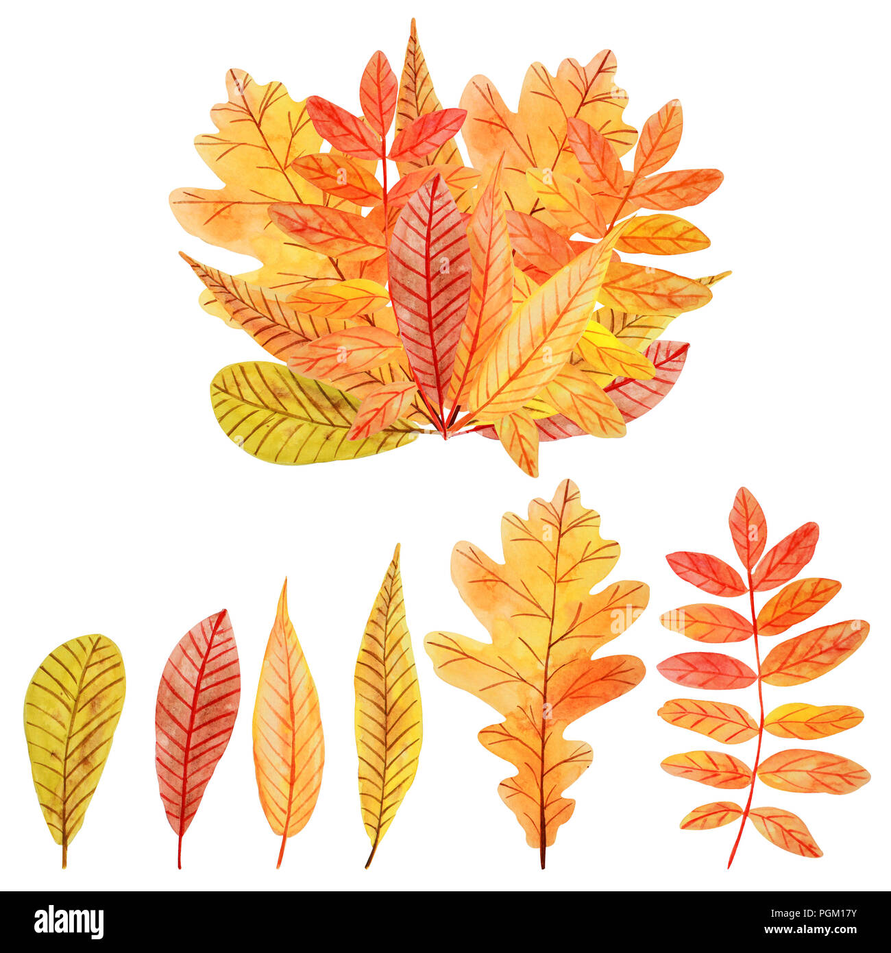 Composition à partir de l'automne les feuilles d'aquarelle avec place pour le texte sur fond blanc Banque D'Images