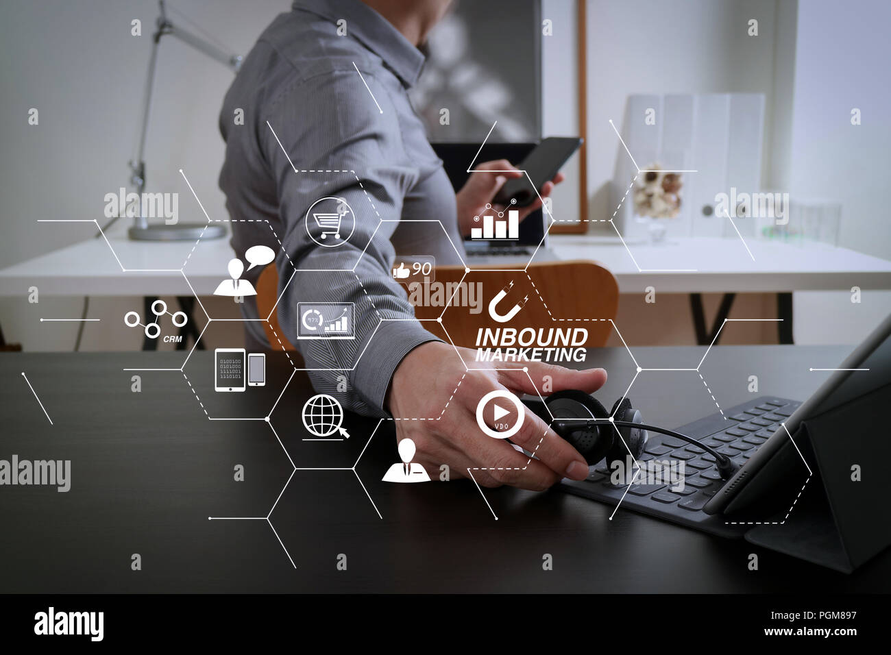 Inbound marketing affaires avec schéma virtuel en ligne tableau de bord et l'autorisation ou concept de marché.man casque VOIP avec tablette numérique c Banque D'Images