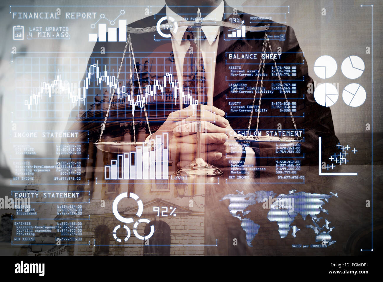 L'analyse des investisseurs rapport de marché boursier et financier tableau de bord avec la business intelligence (BI), avec des indicateurs de performance clés (KPI).la justice et du droit Banque D'Images