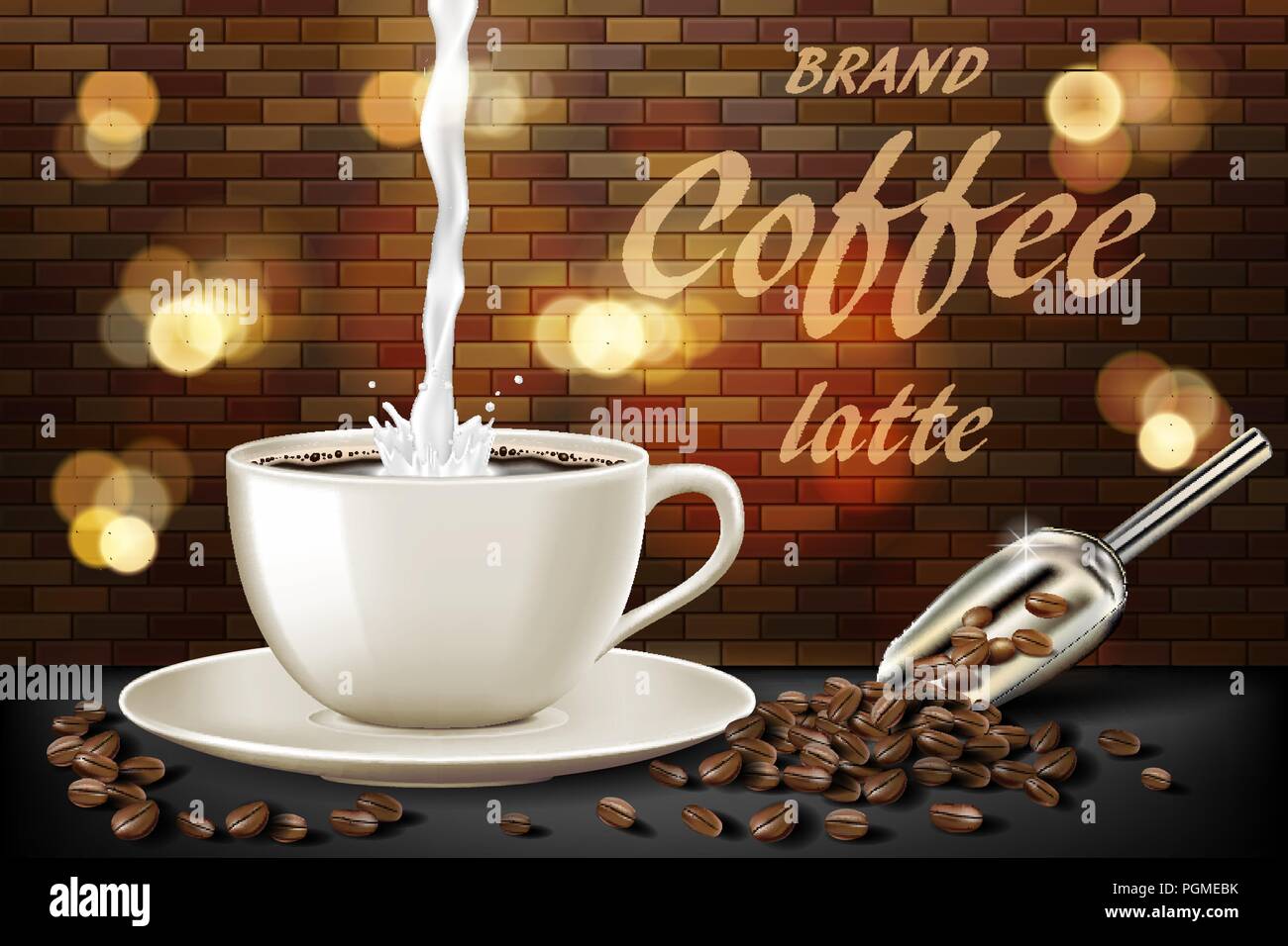 Tasse de café latte au lait splash et les haricots annonces. 3d illustration de hot coffee mug. Produit avec design rétro arrière-plan flou et brique. Vector Illustration de Vecteur