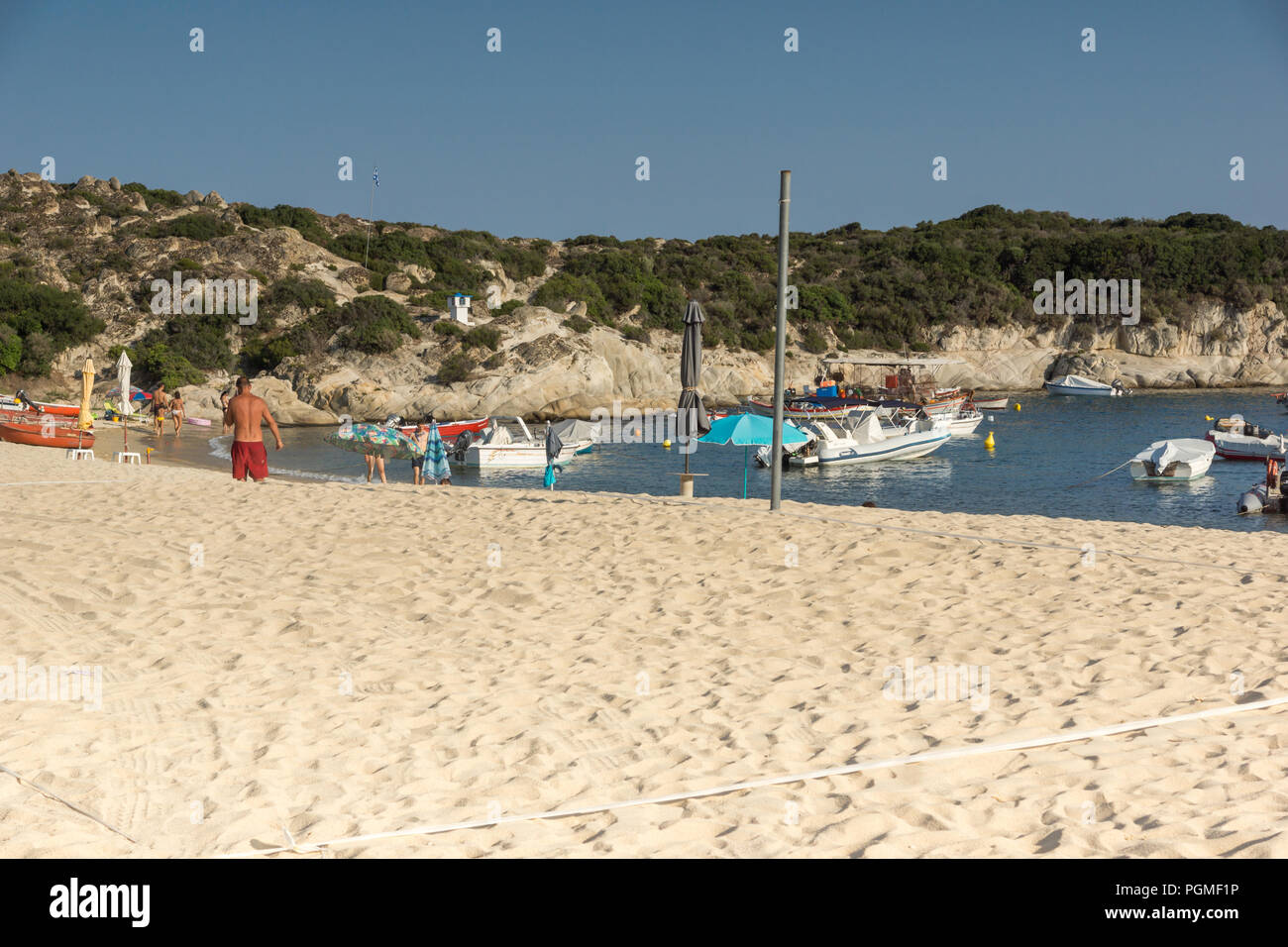 La Chalcidique, Macédoine Centrale, Grèce - 25 août 2014 : Seascape de Kalamitsi beach à péninsule Sithonia, Halkidiki, Macédoine Centrale, Grèce Banque D'Images