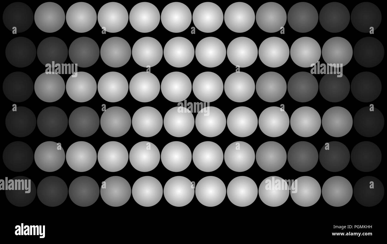 3d illustration des voyants du panneau LED de boules placées en lignes et en formant six déménagement façons. Trois d'entre eux se déplacent de façon opposée dans le noir Banque D'Images