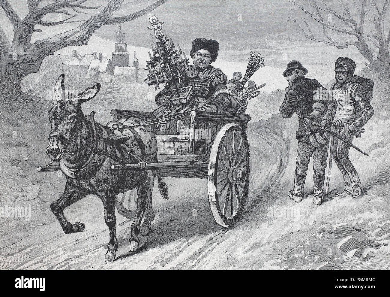 Retour de marché de Noël, avec l'âne, l'homme a acheté un arbre de Noël, une amélioration numérique reproduction d'une gravure sur bois à partir de l'année 1880 Banque D'Images