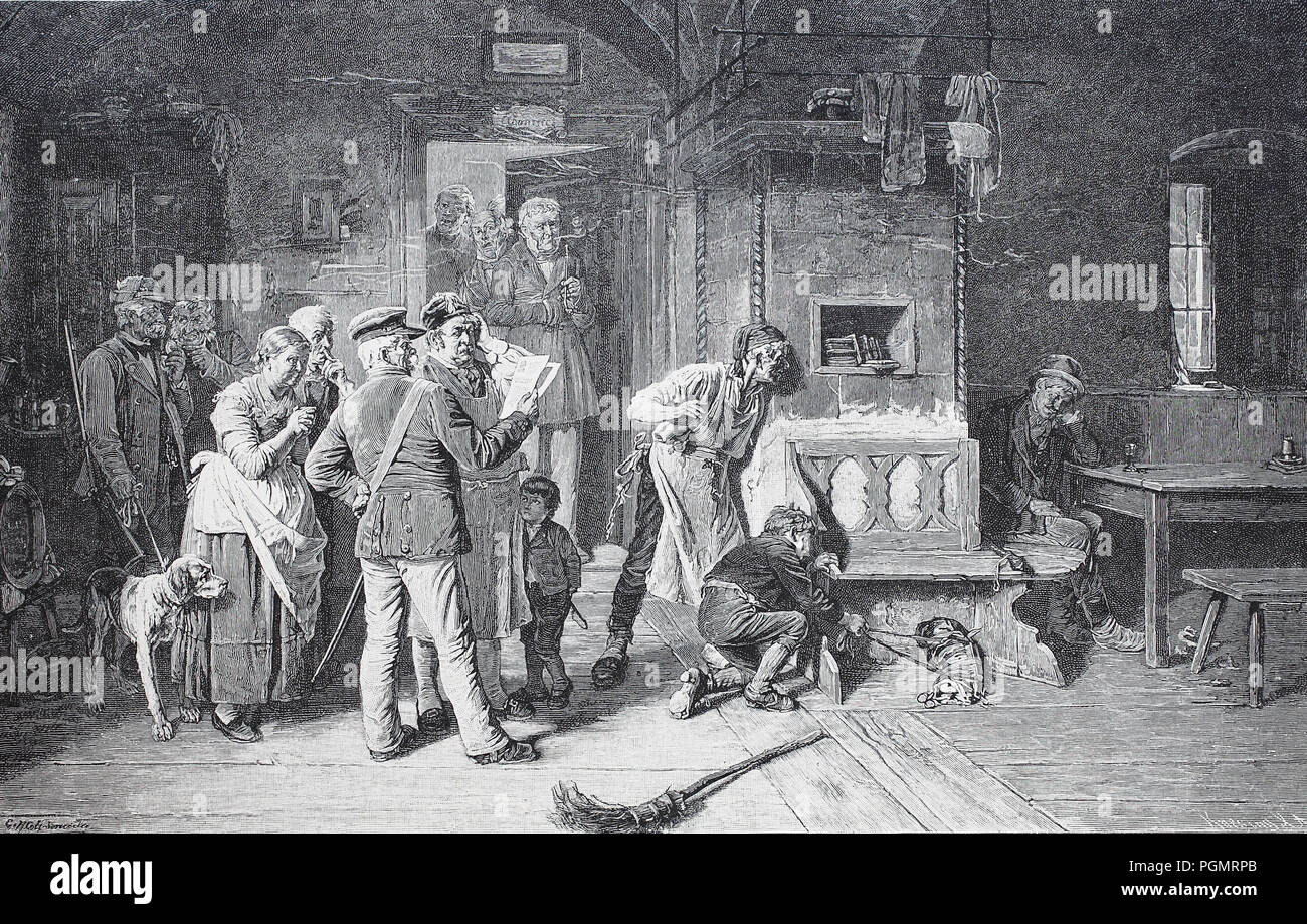 Policier montre dans un restaurant d'émanation d'un criminel recherché autour de l'amélioration numérique, reproduction d'une gravure sur bois à partir de l'année 1880 Banque D'Images