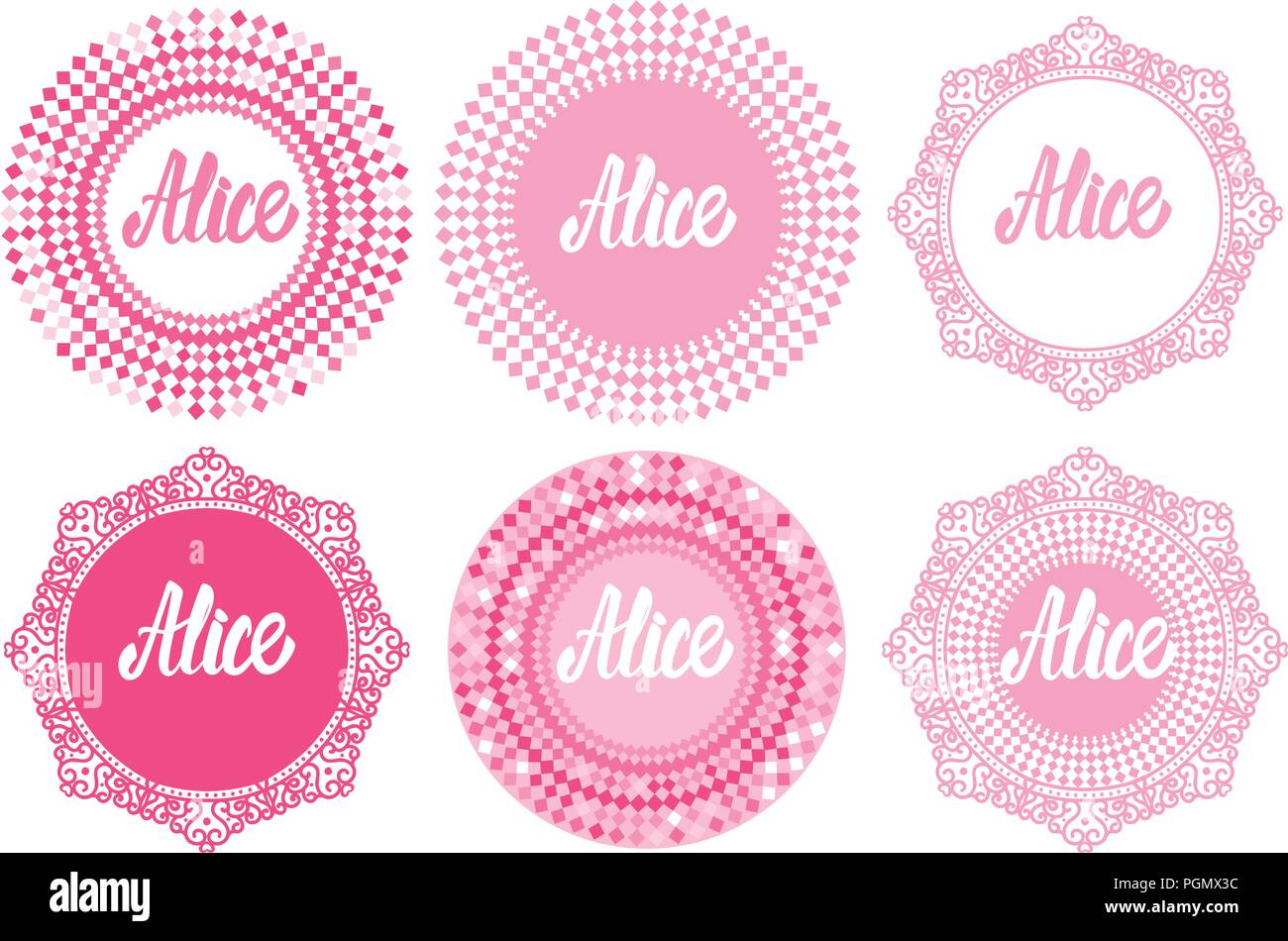 Vector Set forme arrondie avec letering Alice. La princesse girly style design isolé sur fond blanc Illustration de Vecteur