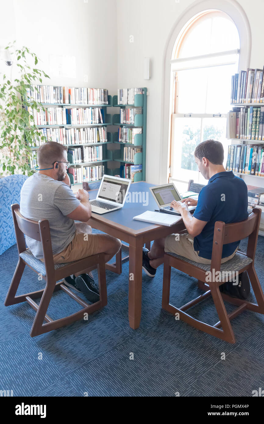 Adultes L'utilisation d'ordinateurs portatifs dans la bibliothèque publique de Provincetown, Massachusetts. Banque D'Images