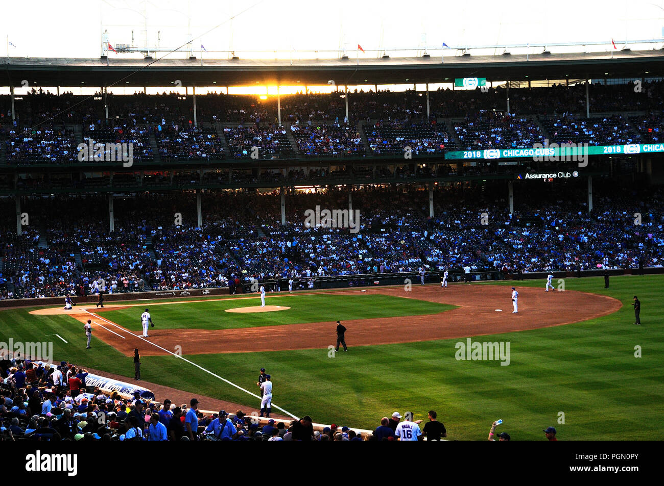 Le stade de baseball MLB Chicago Wrigley Field est l'endroit où les Cubs de Chicago jouer au baseball. Jeu de nuit d'oursons vs Cincinnati Reds. Banque D'Images