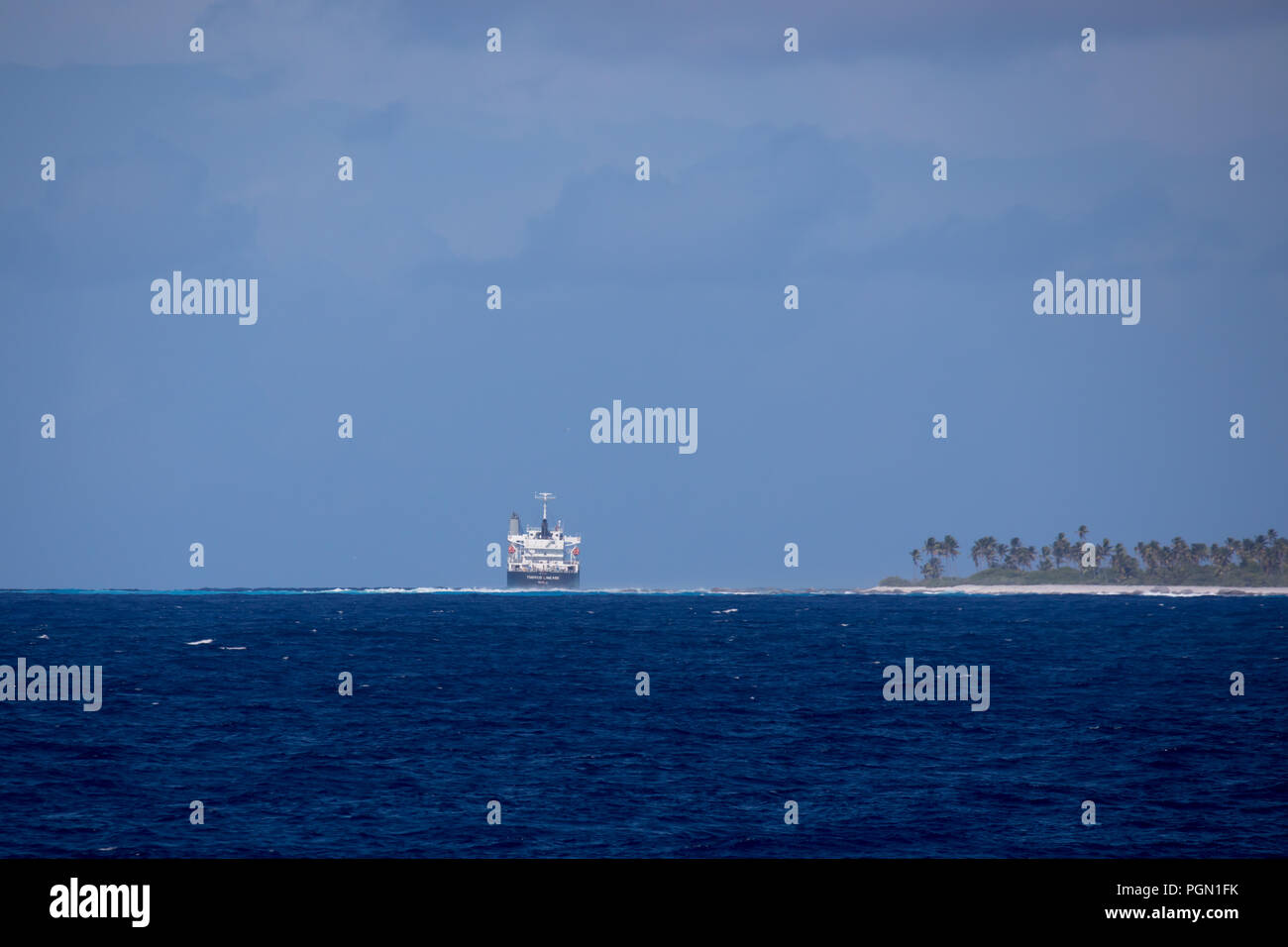 Cargo général lignée Thorco échoue sur le récif à l'atoll de Raroia, Tuamtous, Polynésie Française Banque D'Images