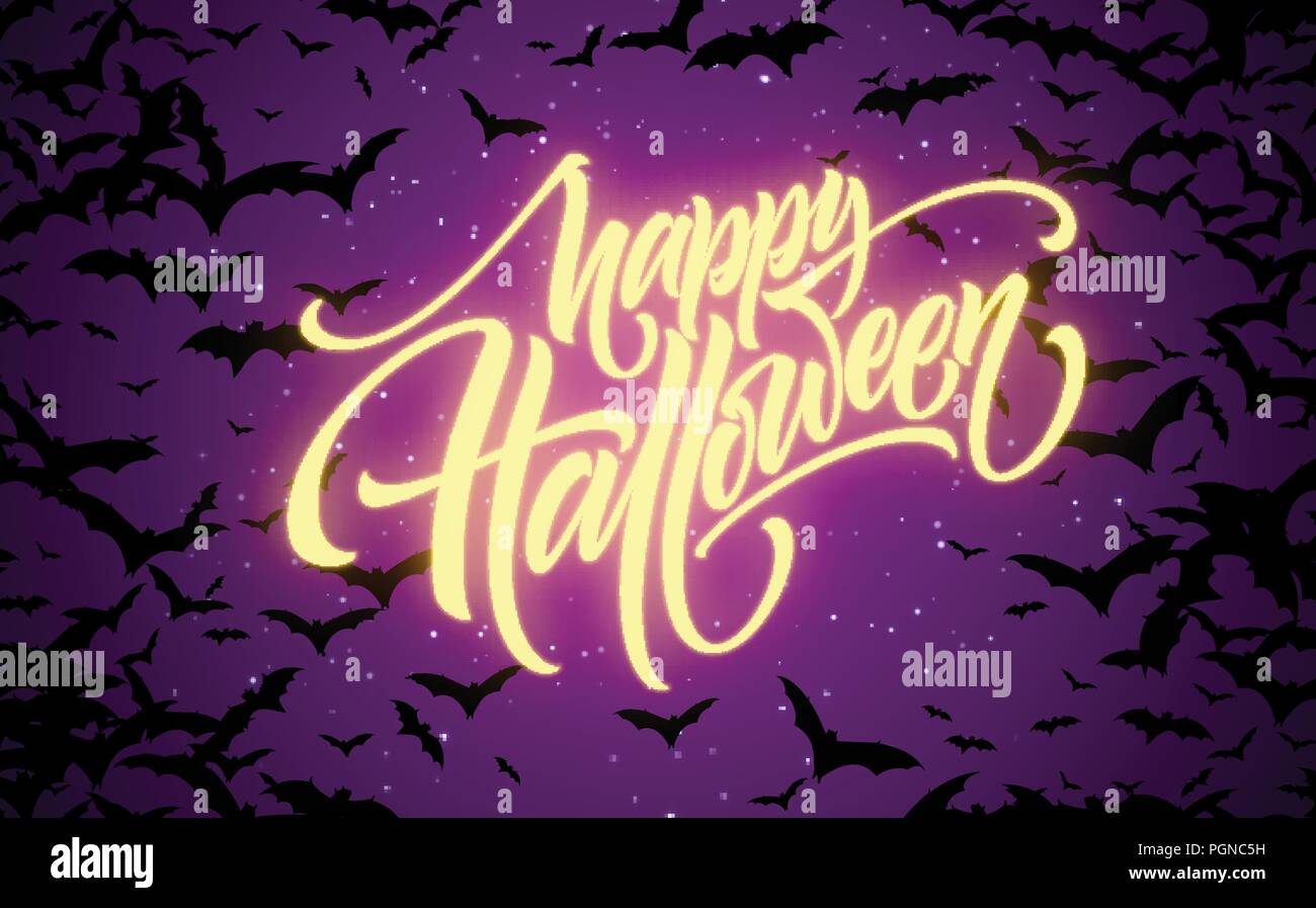 Brillant fond nuit Halloween avec des chauves-souris. Calligraphie, lettrage. Vector illustration Illustration de Vecteur