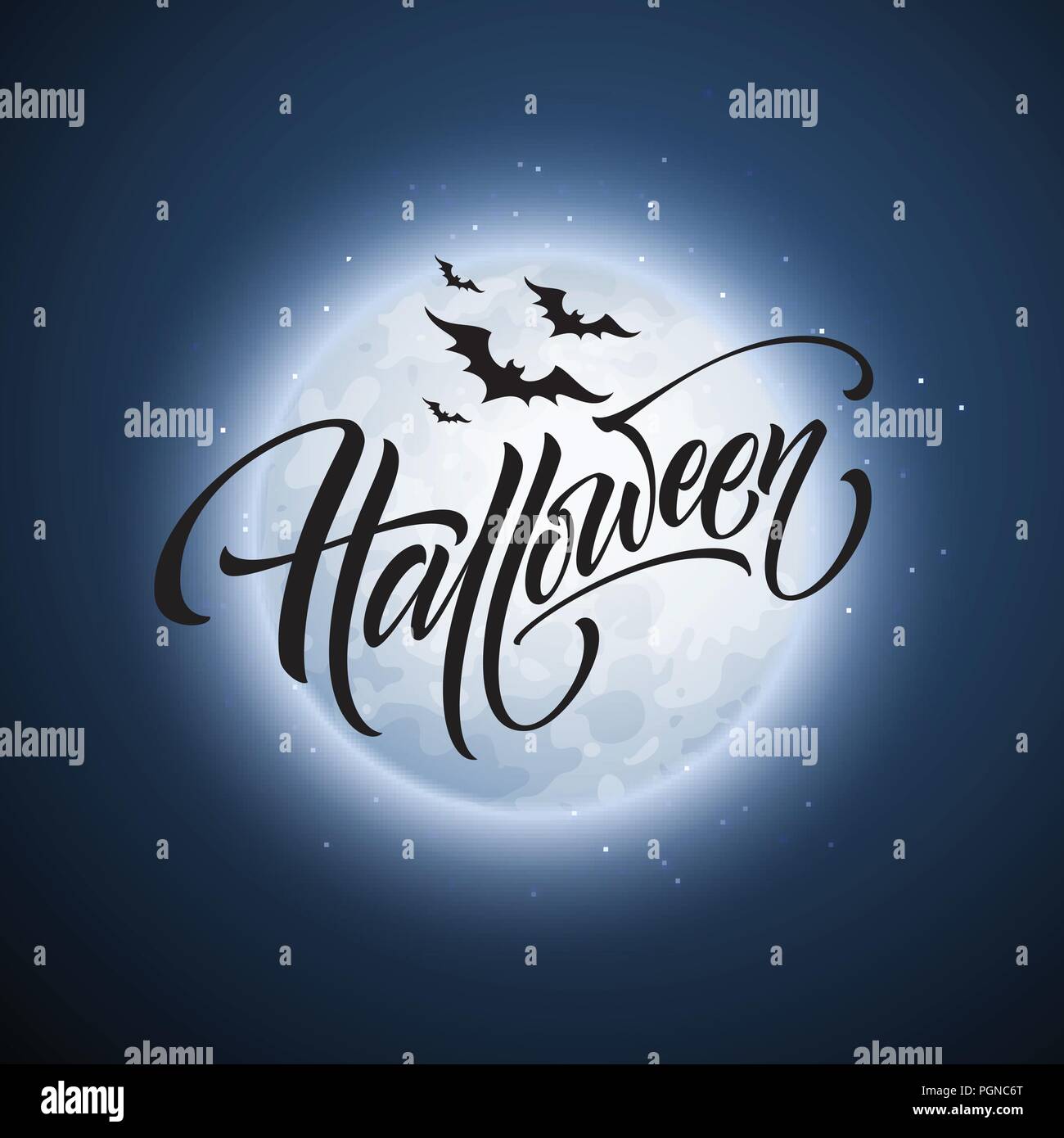 Brillant Halloween fond de nuit avec la lune, les chauves-souris. Calligraphie, lettrage. Vector illustration Illustration de Vecteur
