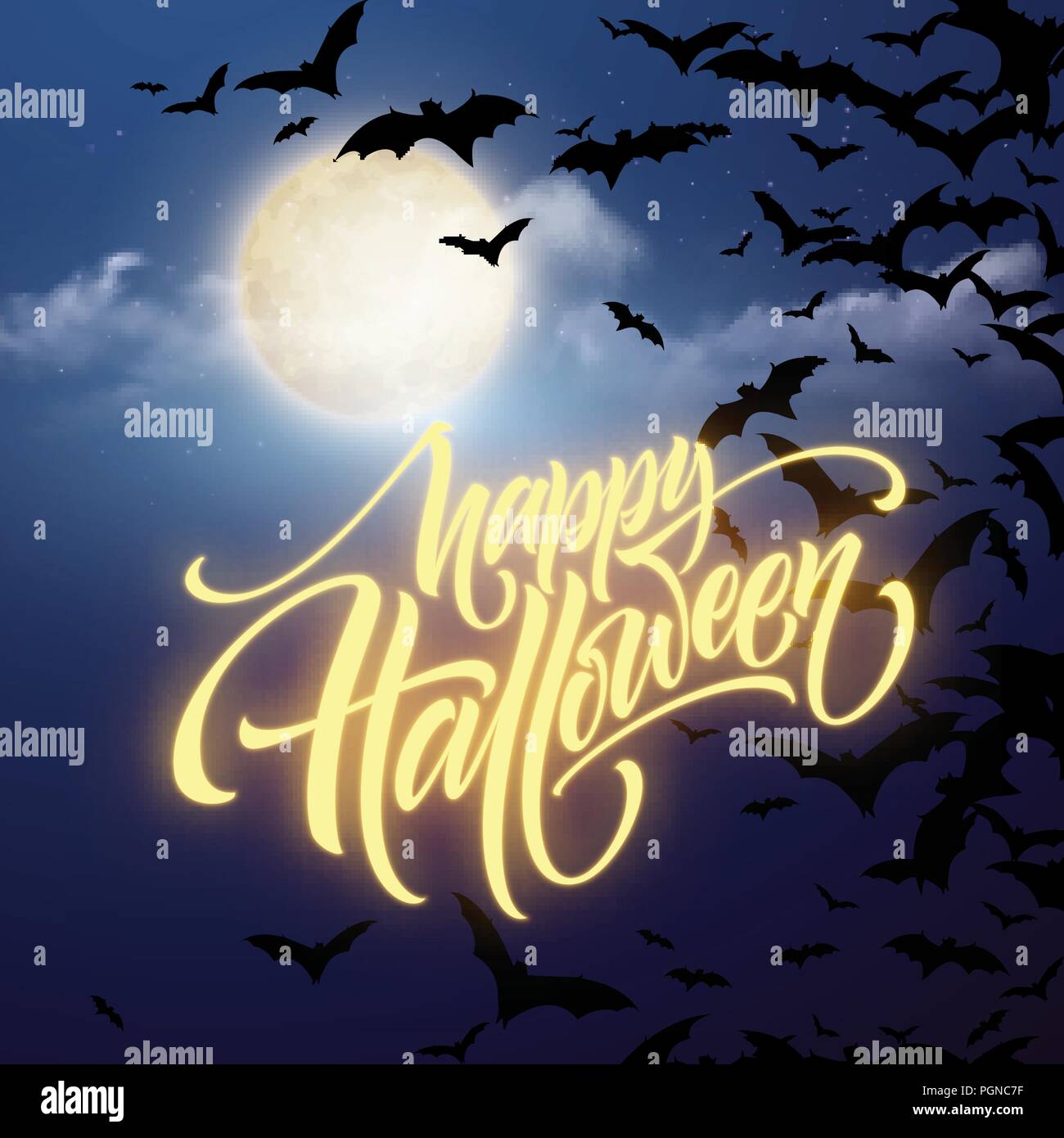 Brillant Halloween fond de nuit avec la lune, les chauves-souris. Calligraphie, lettrage. Vector illustration Illustration de Vecteur