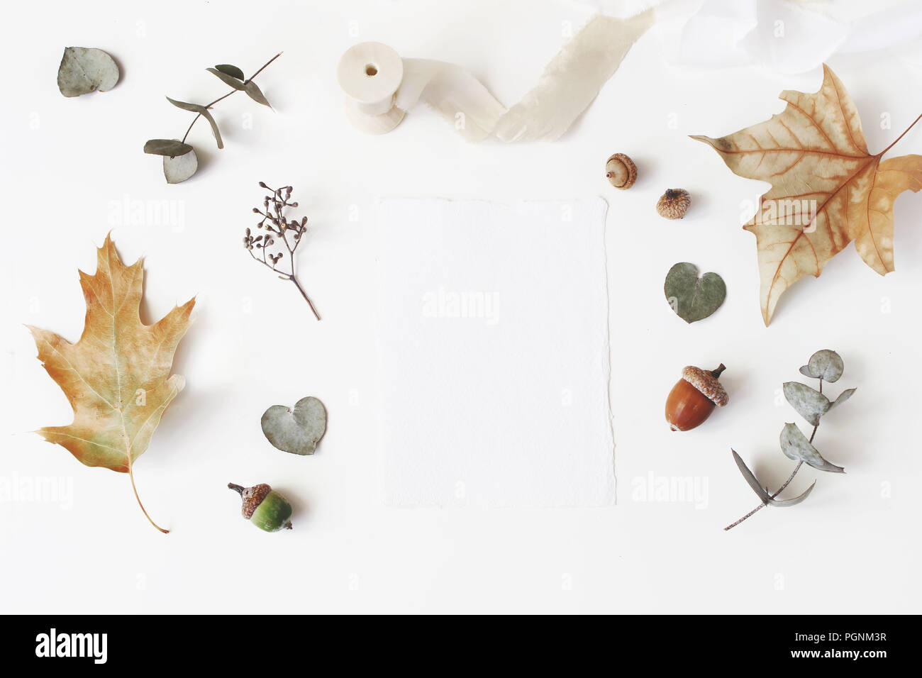 Style automne stock photo. Papeterie de bureau mariage féminin scène maquette vierge avec carte de vœux, eucalyptus à sec, l'érable, feuilles de chêne et de ruban de soie sur fond de table blanc. Mise à plat, vue du dessus. Banque D'Images