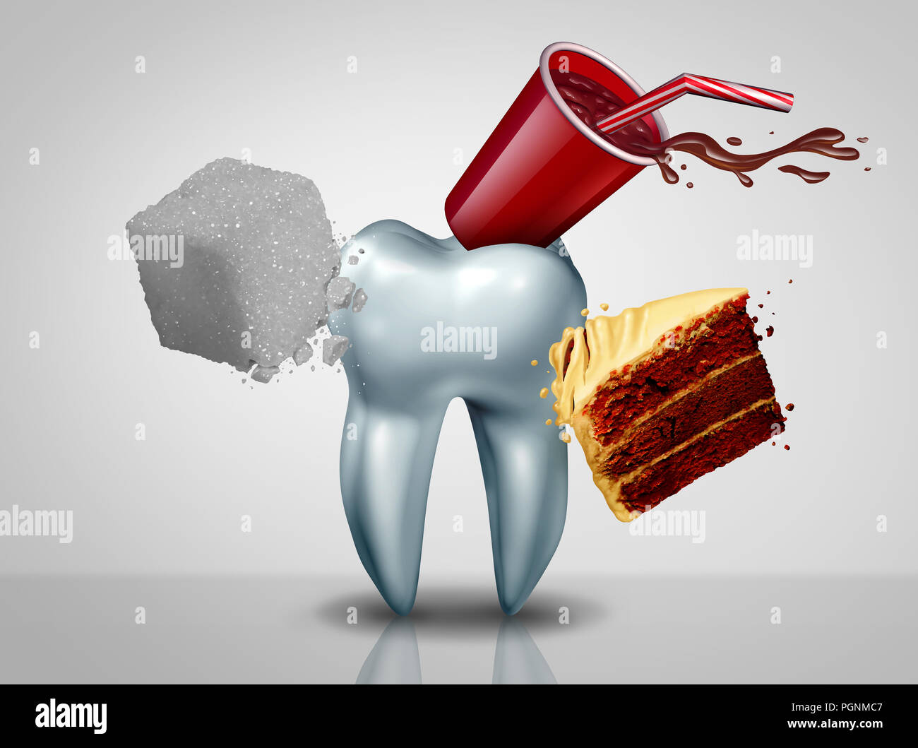 Effets du sucre sur les dents comme un oral care risque comme une dent dentaire la santé comme un aliment sucré comme un acide causant des bactéries et molaires cavité ou cavités. Banque D'Images