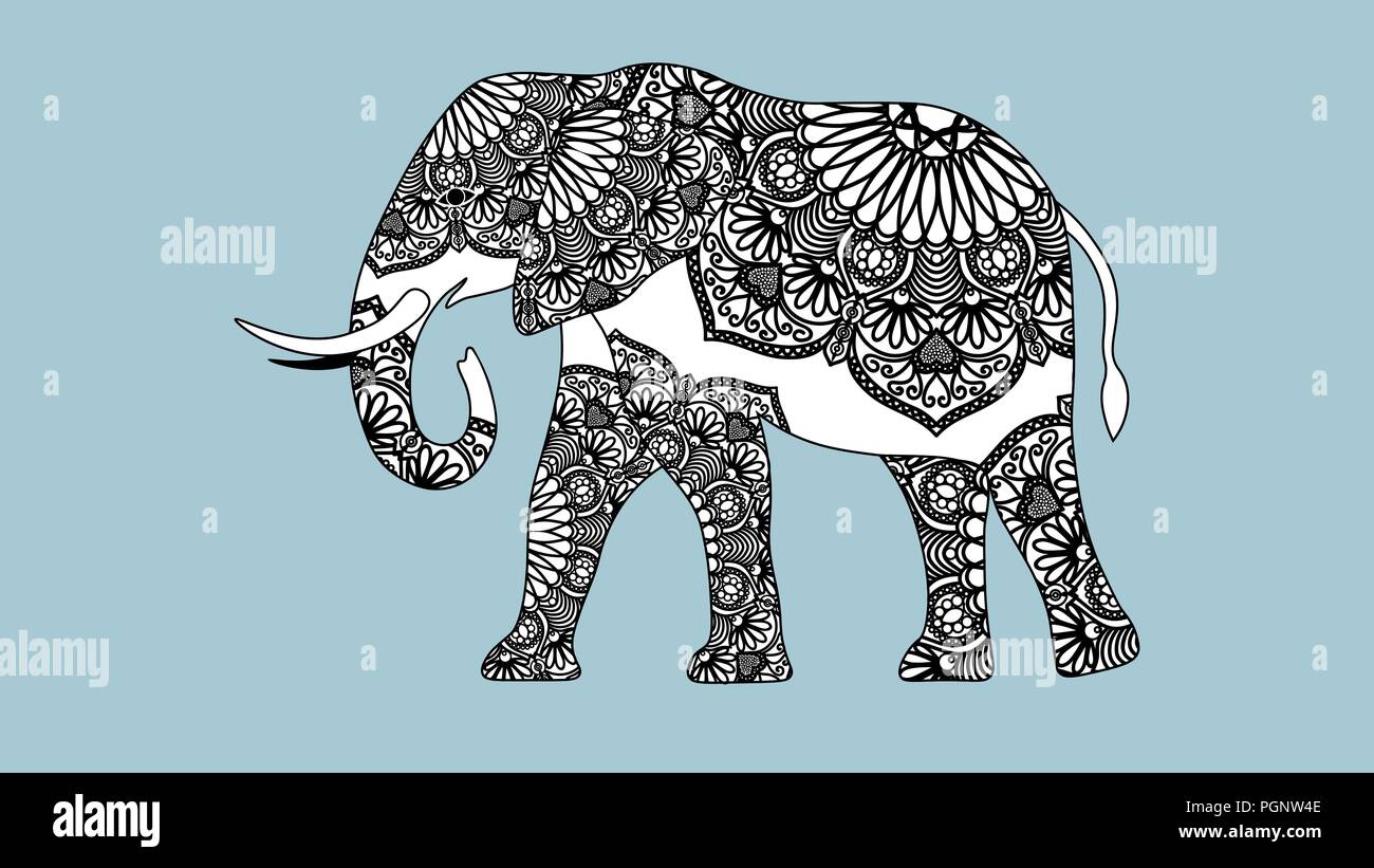 Belle indienne dans l'éléphant asiatique style zentangle ornement. razukrashka mandala éléphant Antistress Illustration de Vecteur