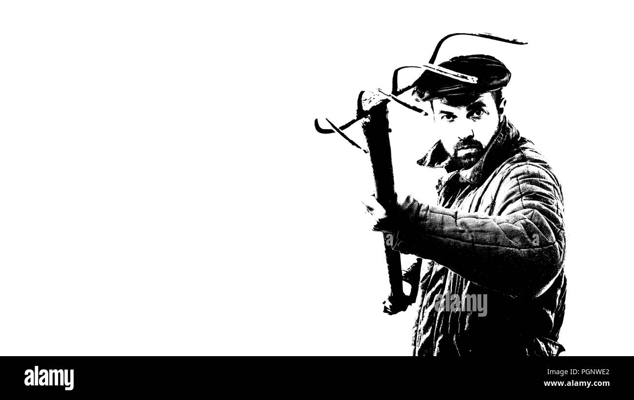 Conception - agriculteur en colère. Homme barbu dans de vieux vêtements démodés et fourche dans la main. Illustration with copy space Banque D'Images