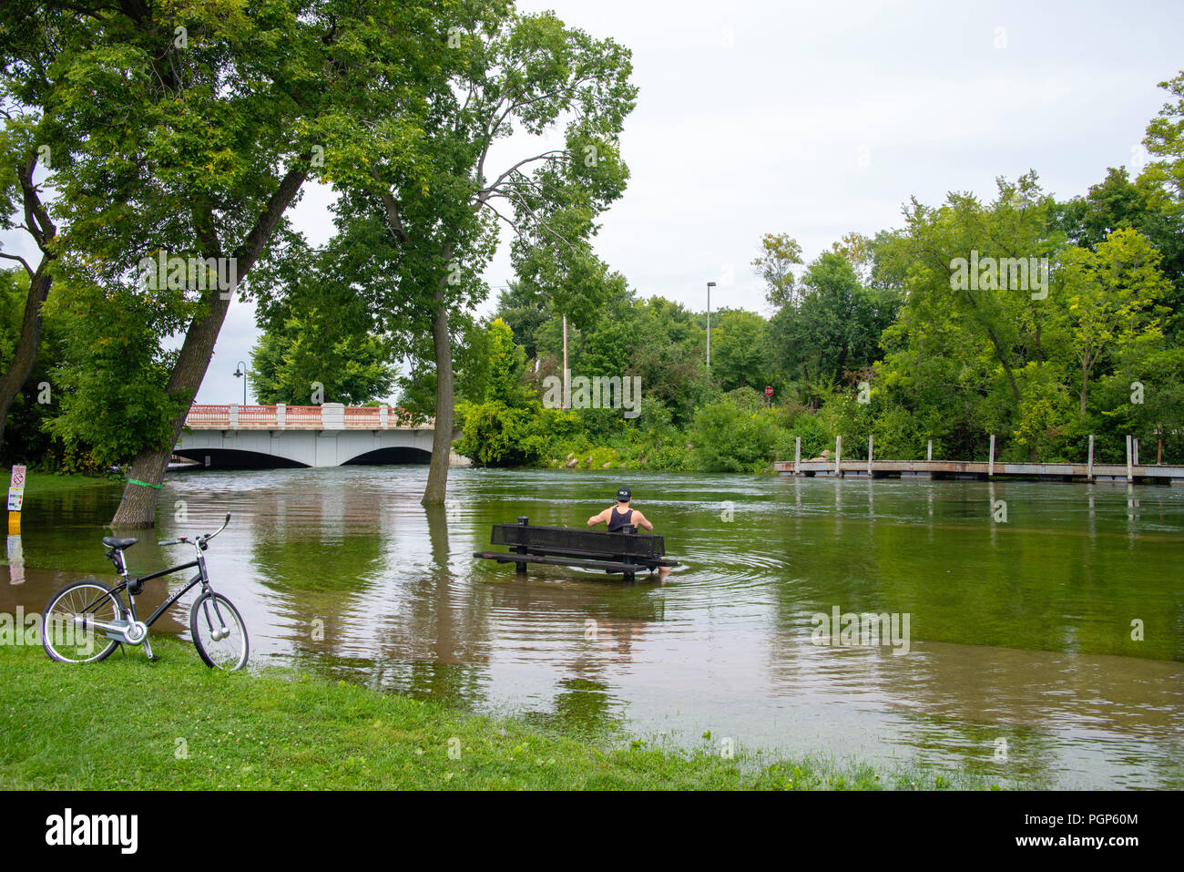 Des pluies excessives créent des conditions d'inondation dans la région de Madison, Wisconsin, USA. Avis de Tenney Park sous l'eau. Banque D'Images