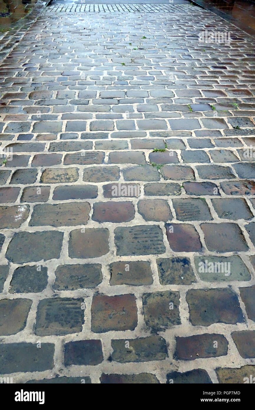 Granit Pierre marbre pavés sous la pluie. Cailloux humides pierres dans Yorkshire, Angleterre Banque D'Images