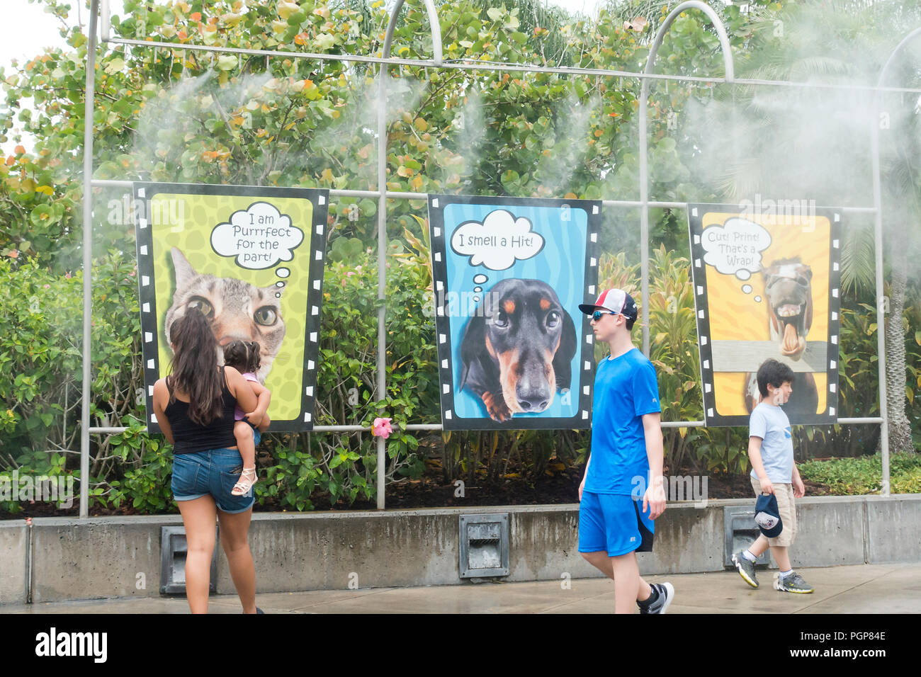Les gens de marcher sous système de brumisation brouillard (circuit de refroidissement) à un parc à thème - USA Banque D'Images