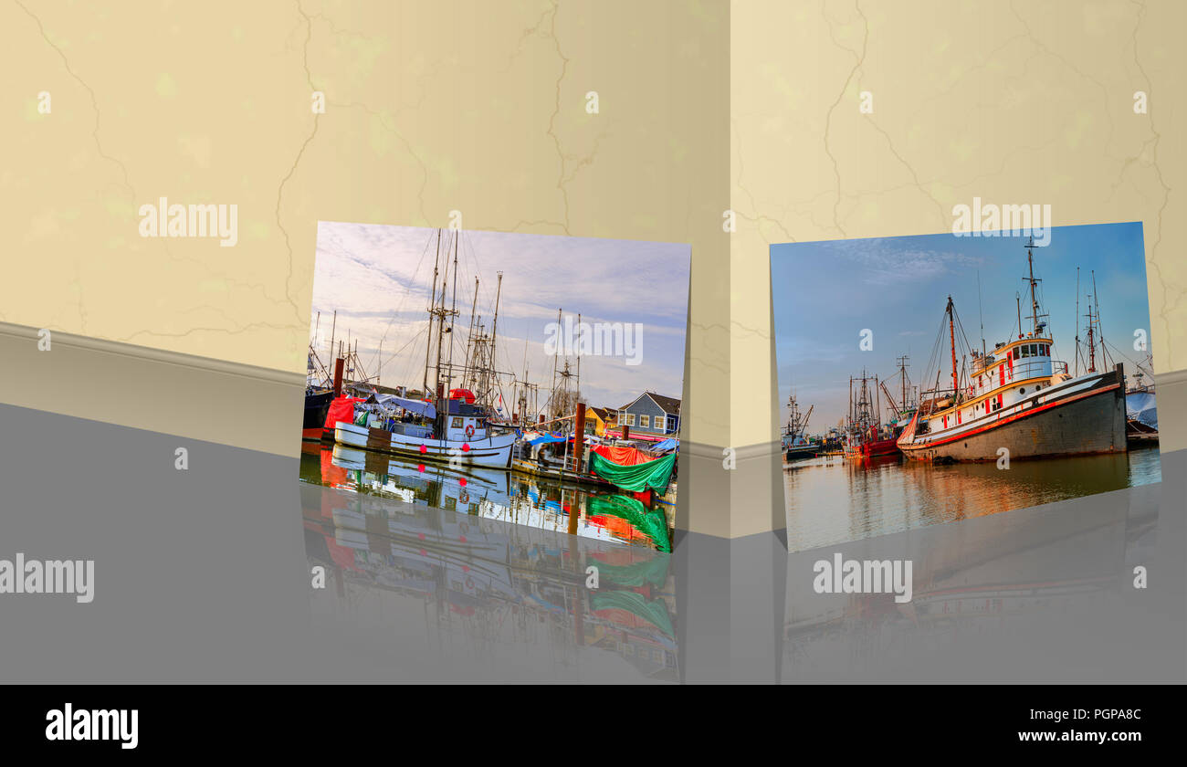 Près du mur de marbre sont une photo panoramique de bateaux de pêche et bateaux sur le quai à la soirée d'été, un ciel bleu et une réflexion Banque D'Images