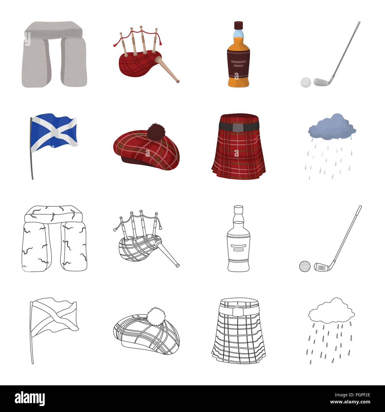 Drapeau, kilt, temps pluvieux, cap.Ecosse pays inscrit dans icônes collection cartoon,style Contour Symbole vecteur illustration de stock . Illustration de Vecteur