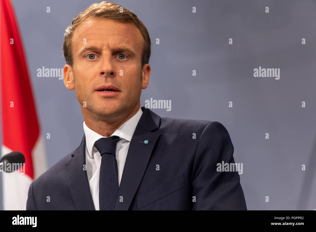 Copenhague, Danemark - Mardi 28 mai 2018, le président français, Emannuel Macron est photographié au cours d'une visite d'État au Danemark, où il a rencontré le Premier ministre danois, Lars Løkke Rasmussen à l'édifice du parlement du pays, Christiansborg, à Copenhague. © Matthew James Harrison / Alamy News Banque D'Images