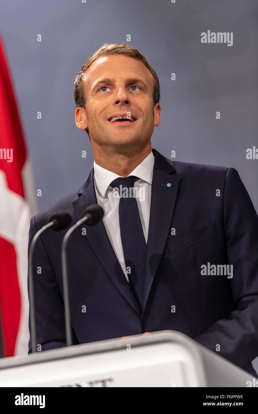 Copenhague, Danemark - Mardi 28 mai 2018, le président français, Emannuel Macron est photographié au cours d'une visite d'État au Danemark, où il a rencontré le Premier ministre danois, Lars Løkke Rasmussen à l'édifice du parlement du pays, Christiansborg, à Copenhague. © Matthew James Harrison / Alamy News Banque D'Images