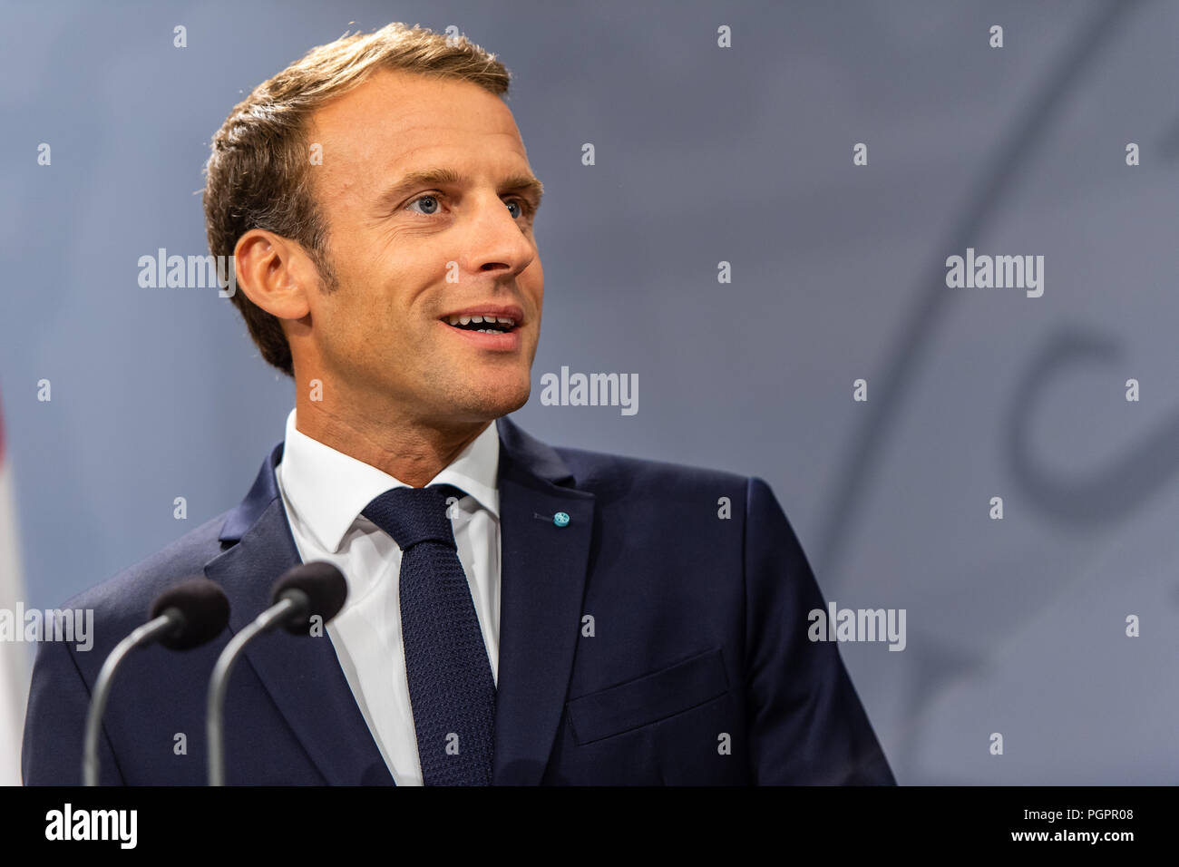 Copenhague, Danemark - Mardi 28 mai 2018, le président français, Emannuel Macron est photographié au cours d'une visite d'État au Danemark, où il a rencontré le Premier ministre danois, Lars Løkke Rasmussen à l'édifice du parlement du pays, Christiansborg, à Copenhague. © Matthew James Harrison / Alamy News Banque D'Images