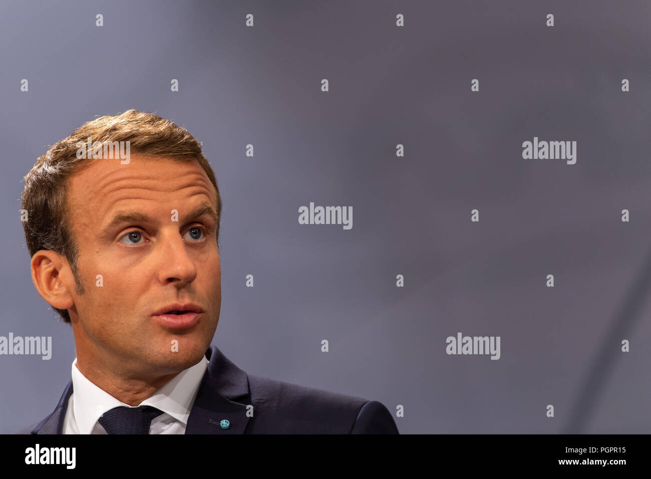 Copenhague, Danemark - Mardi 28 mai 2018, le président français, Emannuel Macron est photographié au cours d'une visite d'État au Danemark, où il a rencontré le Premier ministre danois, Lars Løkke Rasmussen à l'édifice du parlement du pays, Christiansborg, à Copenhague. © Matthew James Harrison / Alamy News Banque D'Images