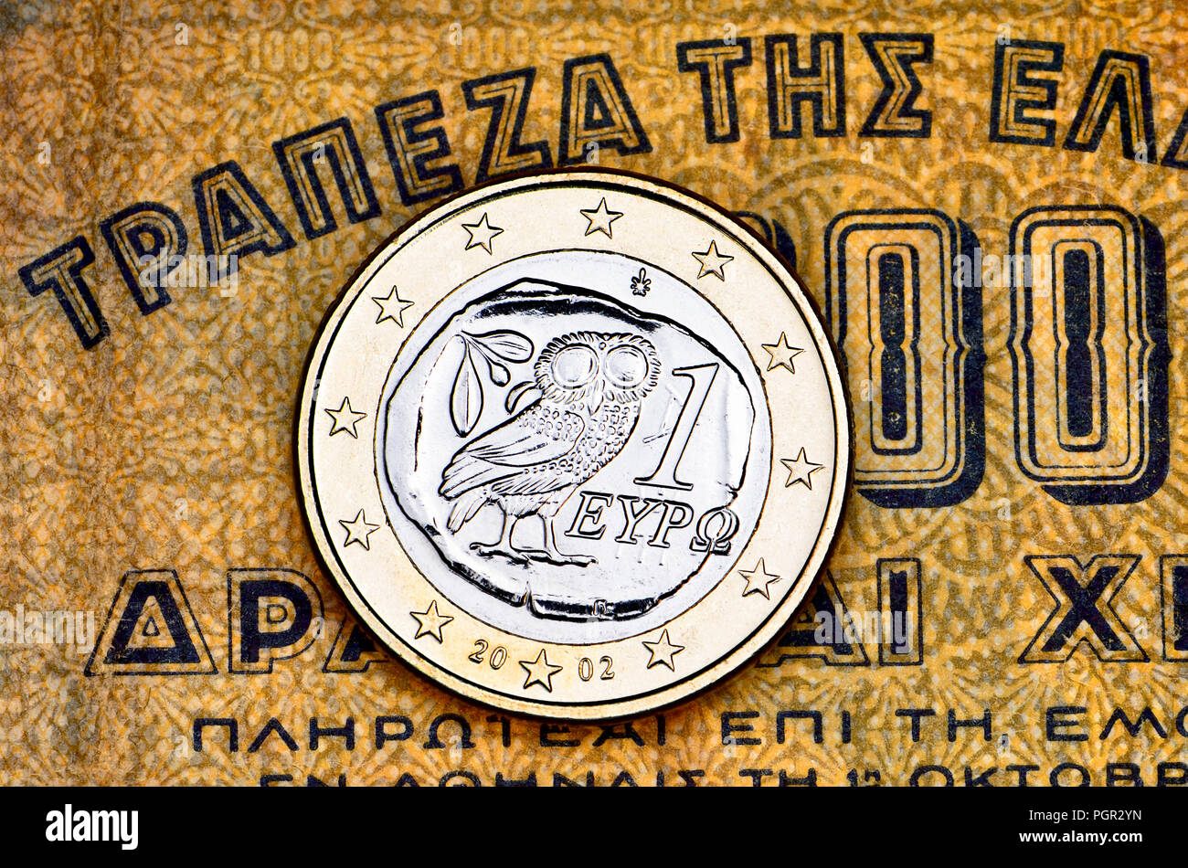 Pièce de 1 Euro grec sur une drachme 19411000 billet de grec Banque D'Images
