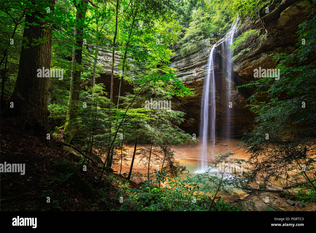 La tombe sur Ash Cave dans l'Ohio Hocking Hills déposer environ 80 pieds de la grotte rim dans la gorge au-dessous entouré de verdure. Banque D'Images