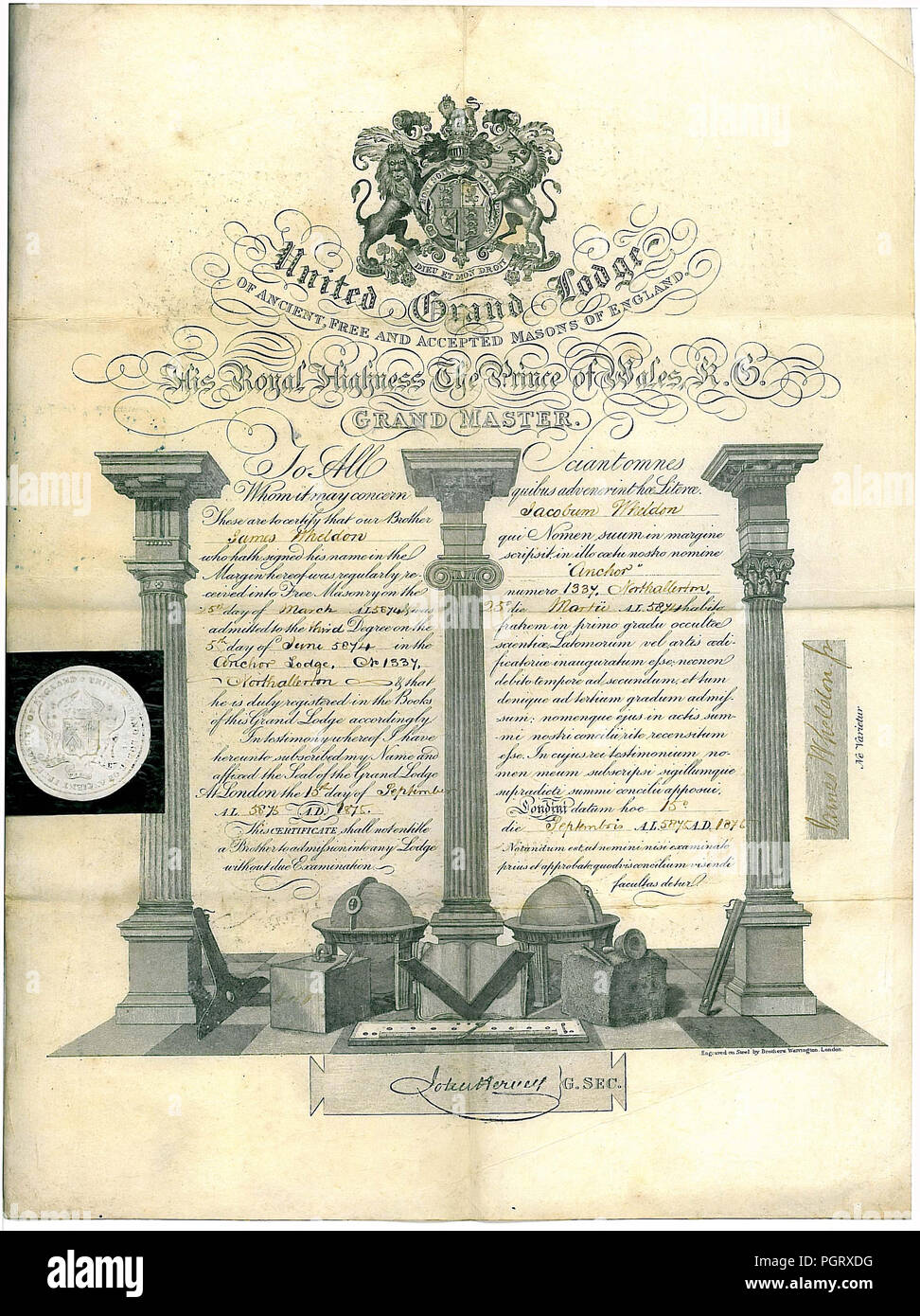 Un certificat d'admission d'un James Mason Wheldon comme troisième degré mason au lodge à Northallerton Yorkshire datée du 1875 Banque D'Images