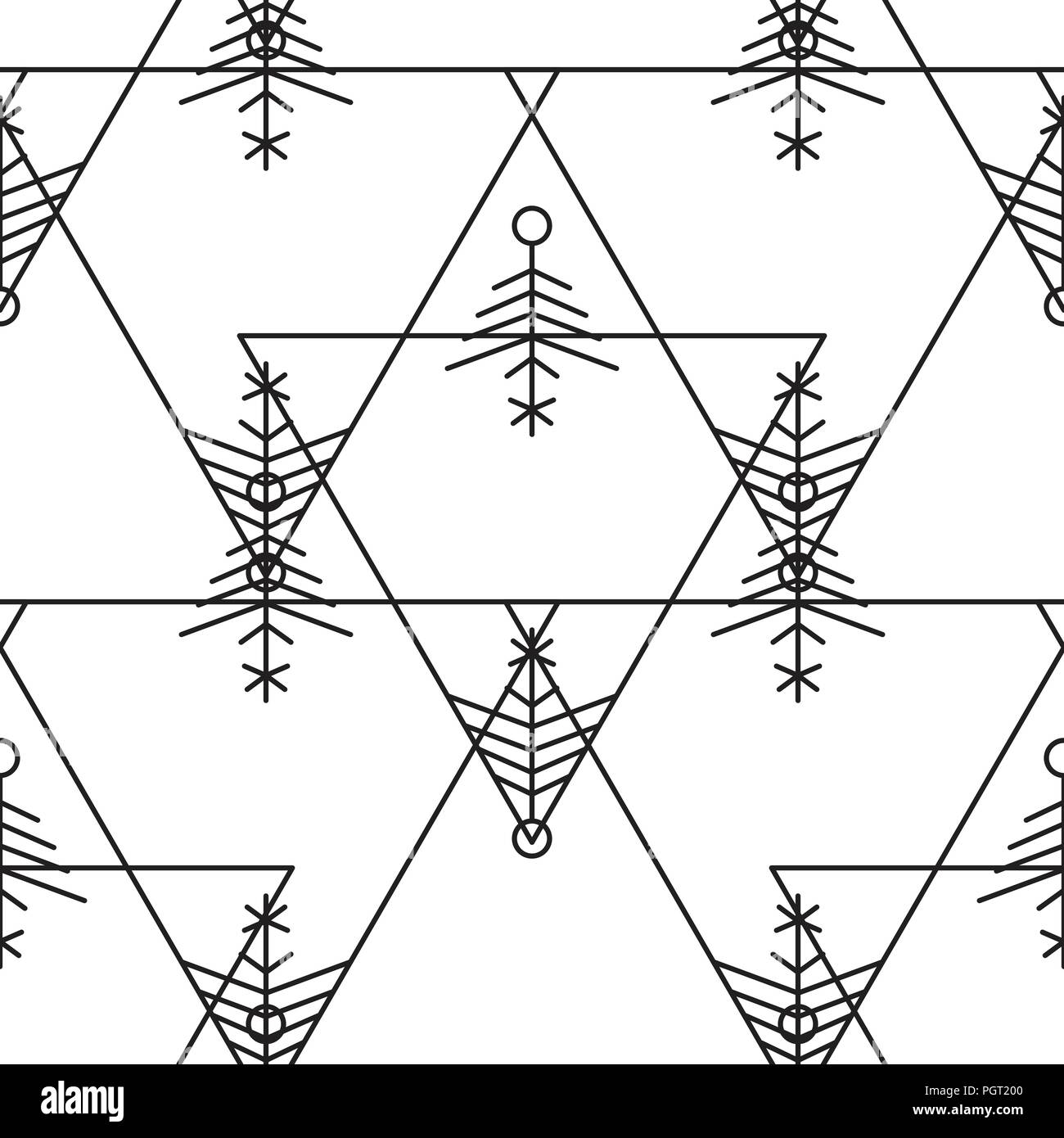 Motif symétrique transparente avec des triangles, lignes noires fines, fond blanc Illustration de Vecteur