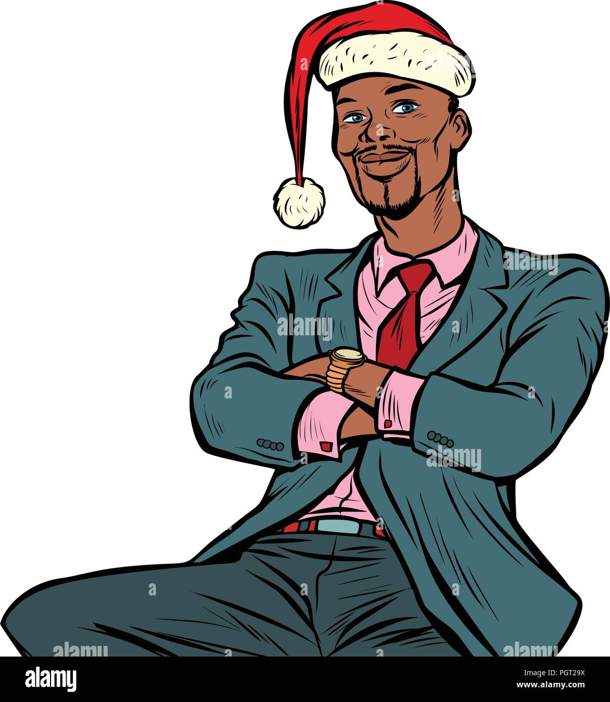 Pop art African businessman in a Christmas hat Illustration de Vecteur