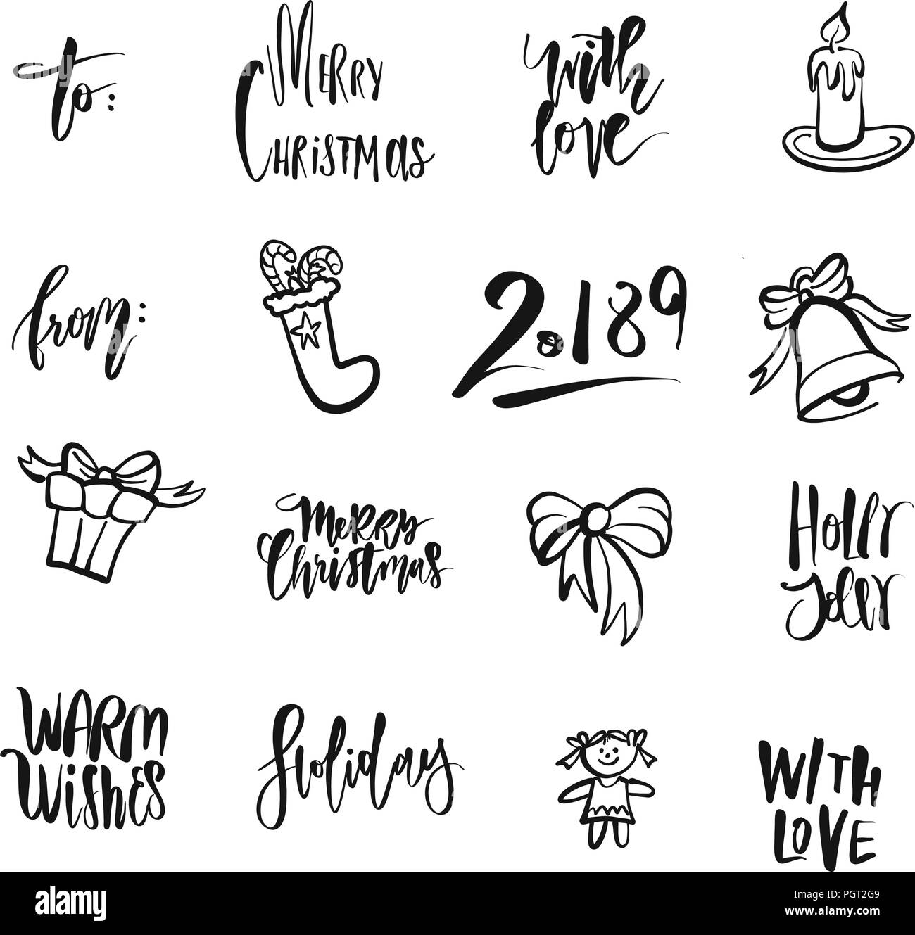 Icônes de Noël et des mots. Nice art calligraphique saisonniers pour les cartes de vœux. Croquis vecteur dessiné à la main. Illustration de Vecteur