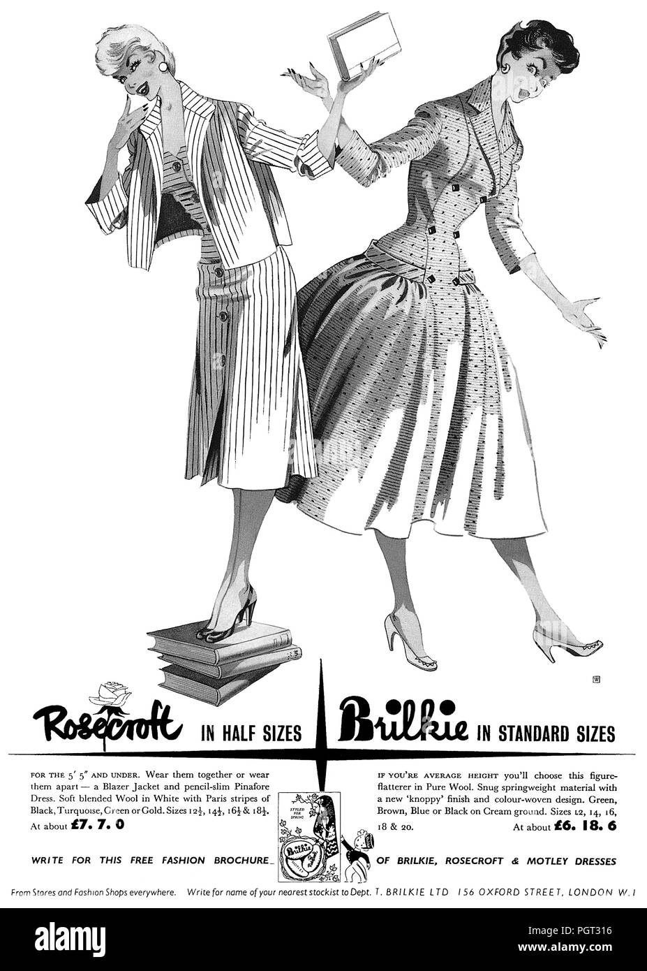 1956 La publicité pour Brilkie fashions et Rosecroft petite mode. Banque D'Images