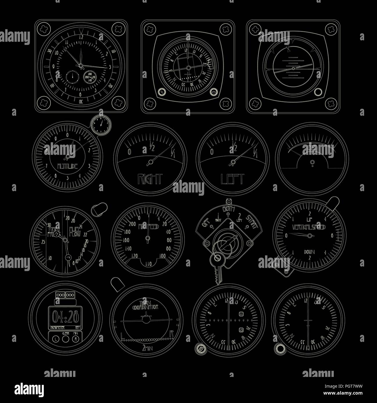 Tableau de bord des aéronefs instruments décrits sur fond noir Illustration de Vecteur