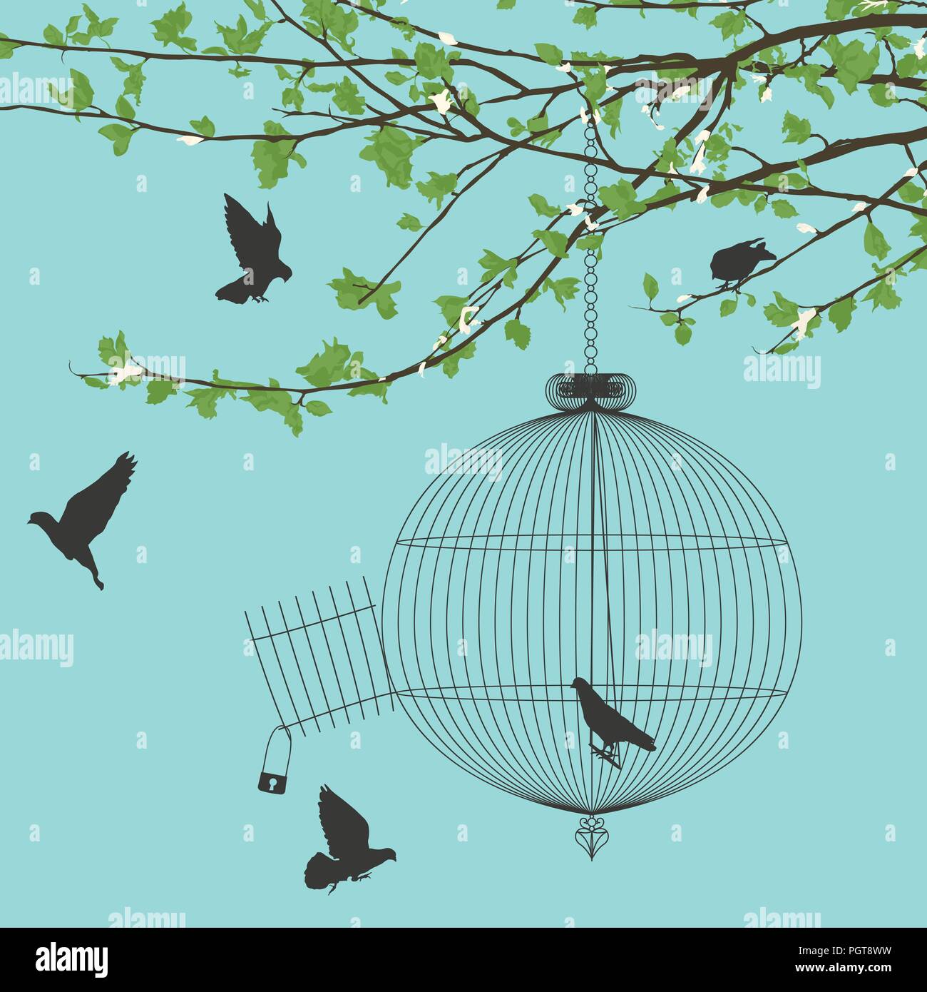 Carte vintage avec des oiseaux et ouvrez la cage Image Vectorielle Stock -  Alamy