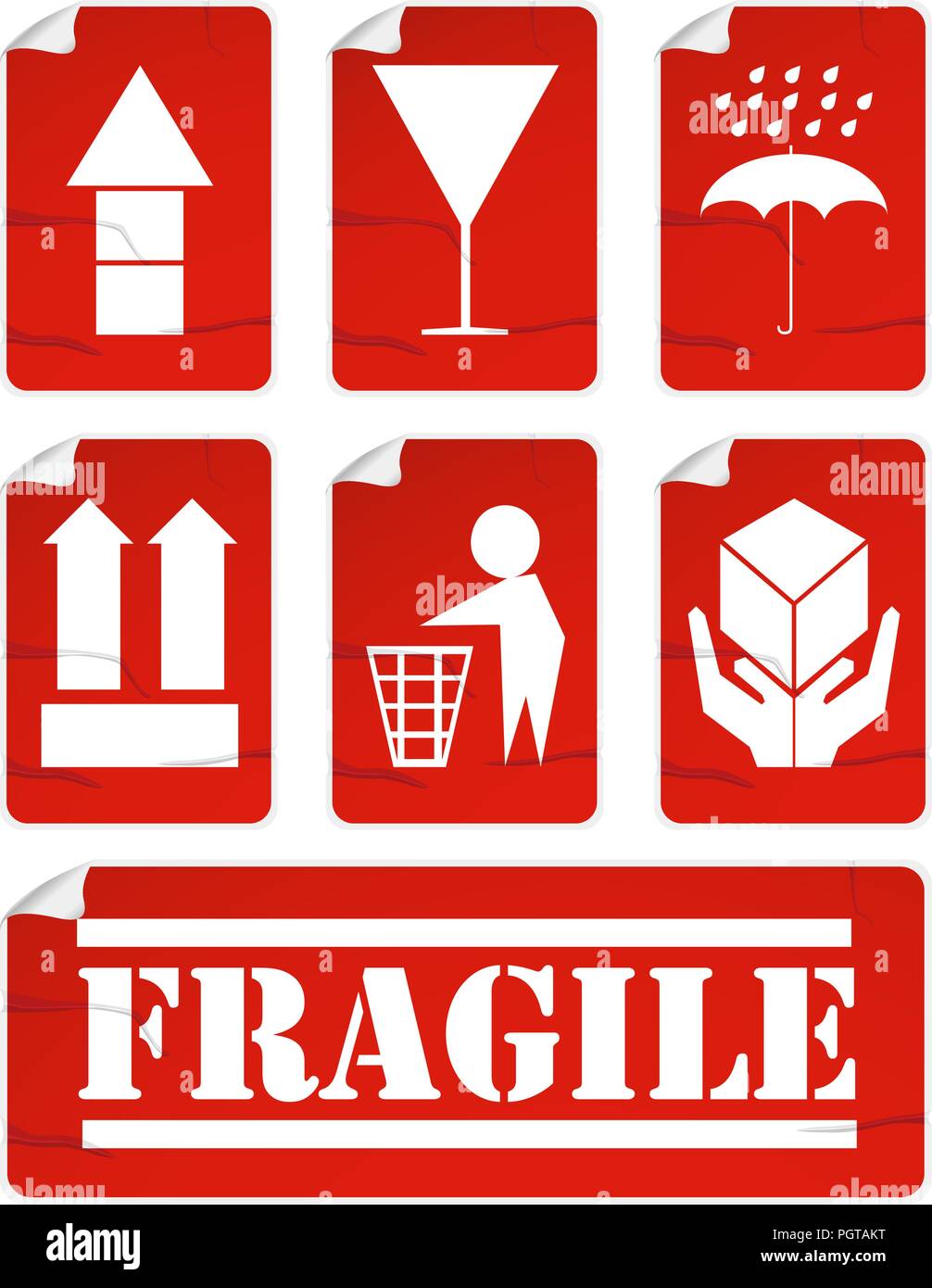 Symboles d'emballage autocollants fixés sur fond blanc Illustration de Vecteur