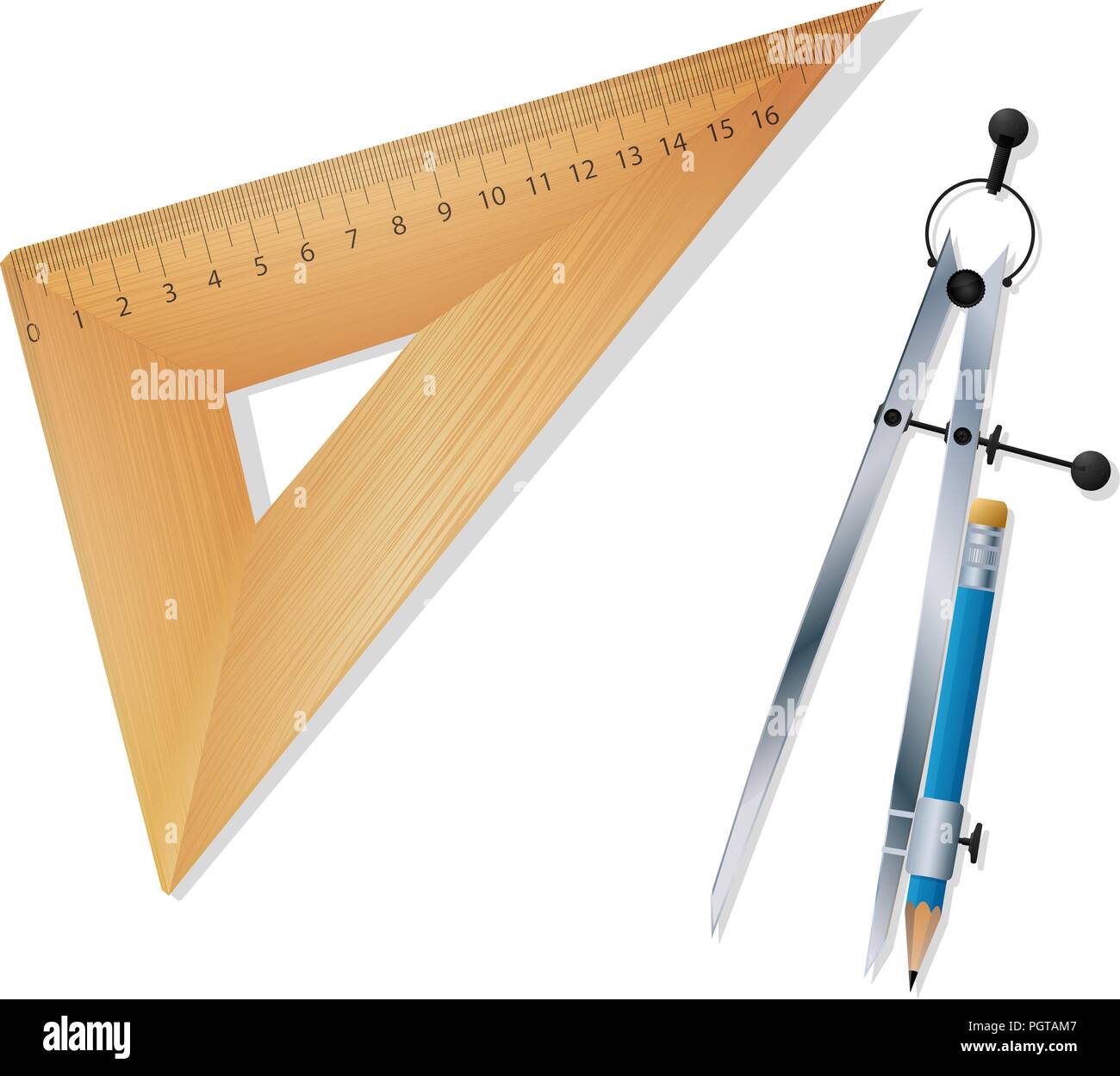 Triangle en bois ruller et boussole avec plus backgrpound stylo blanc Illustration de Vecteur