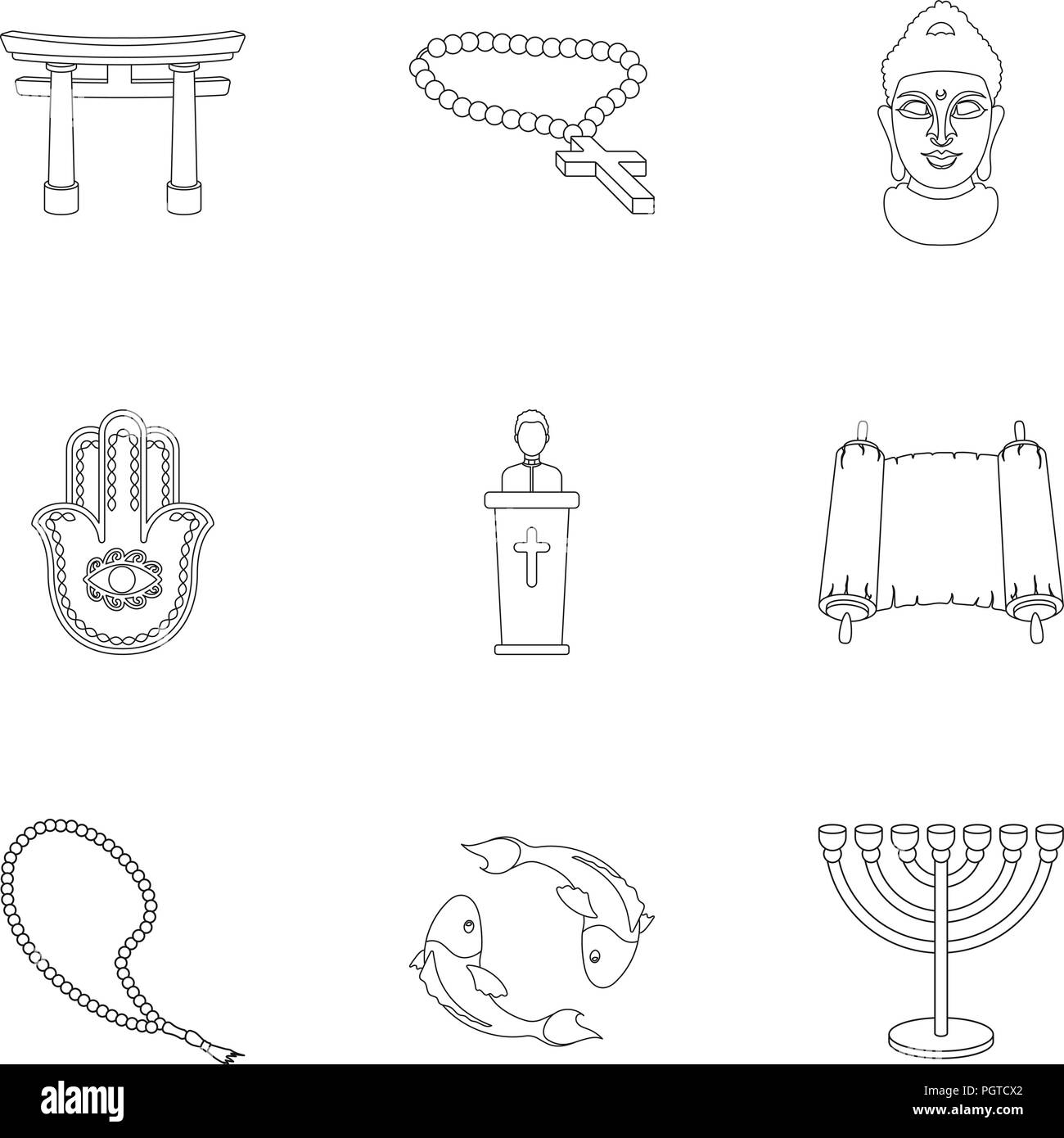 La religion définie dans les grandes lignes les icônes de style. Grande collection de stock symbol vector religion Illustration de Vecteur