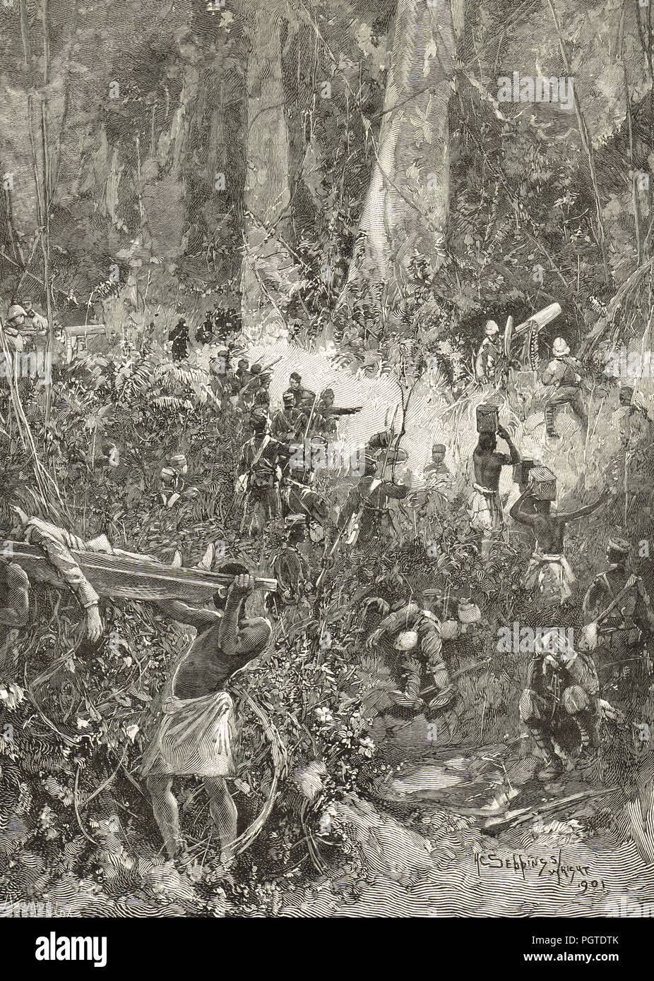 Une bataille dans la forêt , Ashanti guerre de 1900, 5ème guerre anglo-Ashanti, également connu sous le nom de guerre de la Golden Stool Banque D'Images