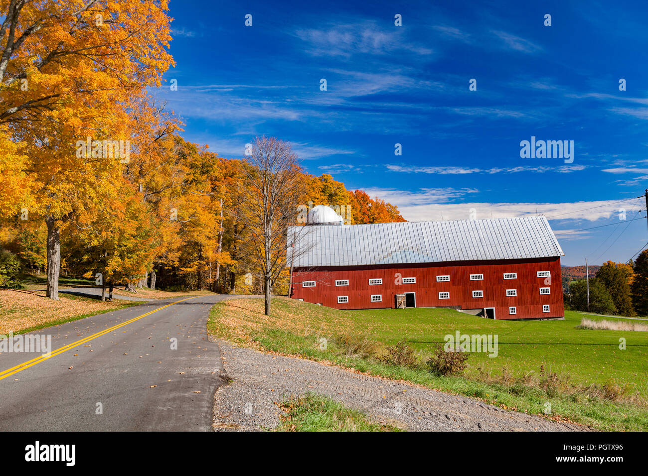 L'automne d'une pittoresque route de campagne bordée d'arbres d'érable coloré et un vieux barde rouge avec sourcil windows sur la voie à Peacham, Vermont, United States. Banque D'Images