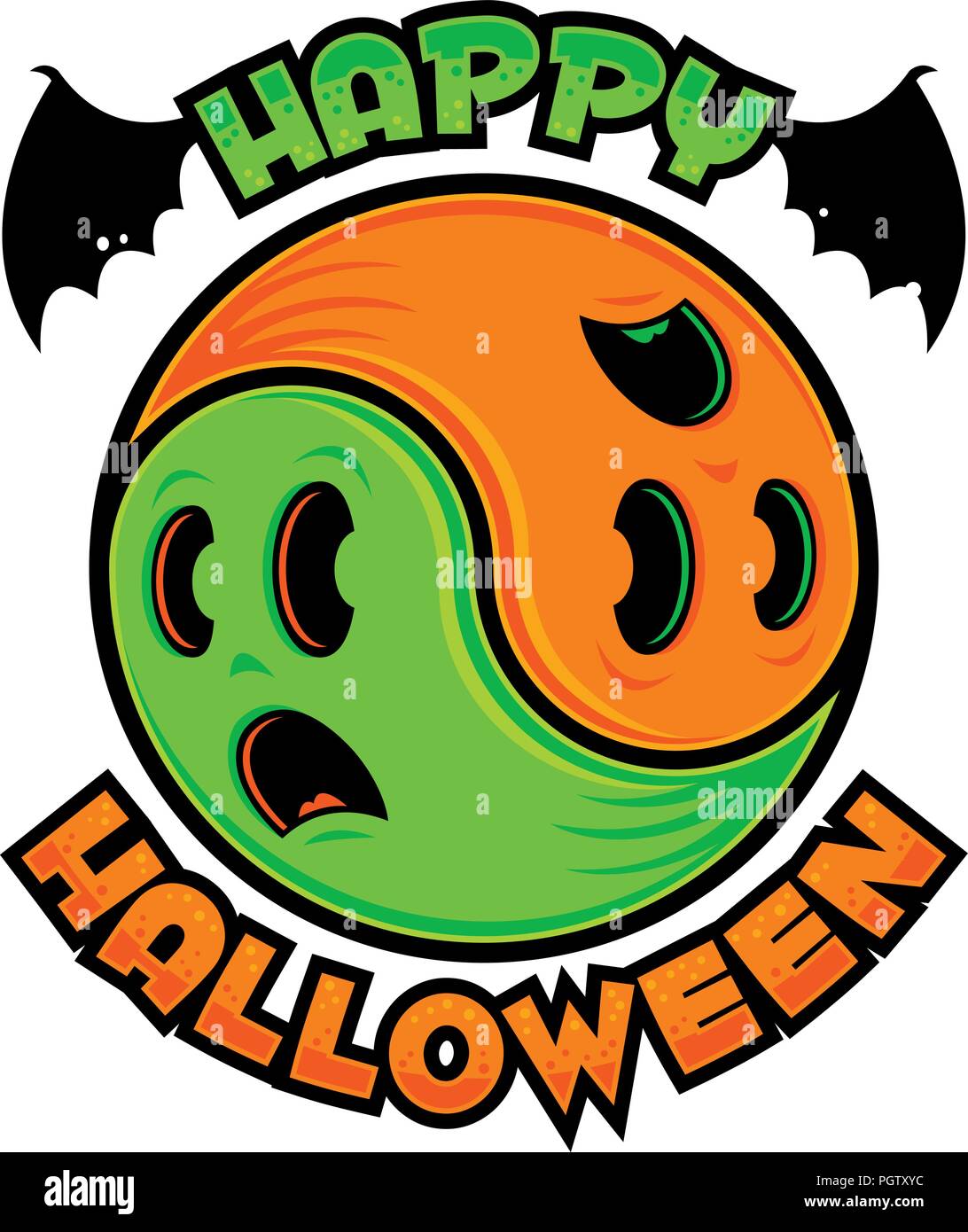 Symbole Yin-Yang fait à partir de deux fantômes peur spooky en vert et orange avec Happy Halloween text. Illustration de Vecteur