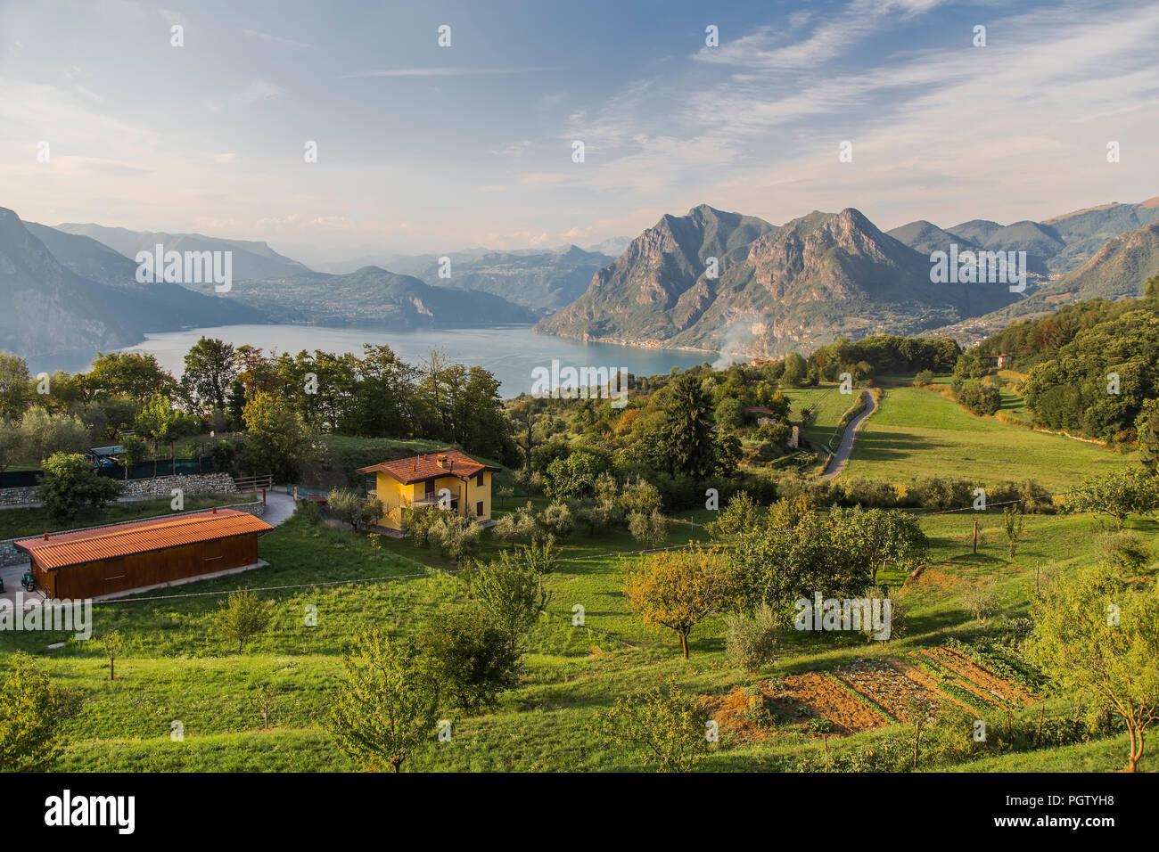 Maison rurale avec des arbres fruitiers, vignes et champs de l'île au milieu du lac Iseo et les montagnes à l'horizon. Italie Banque D'Images