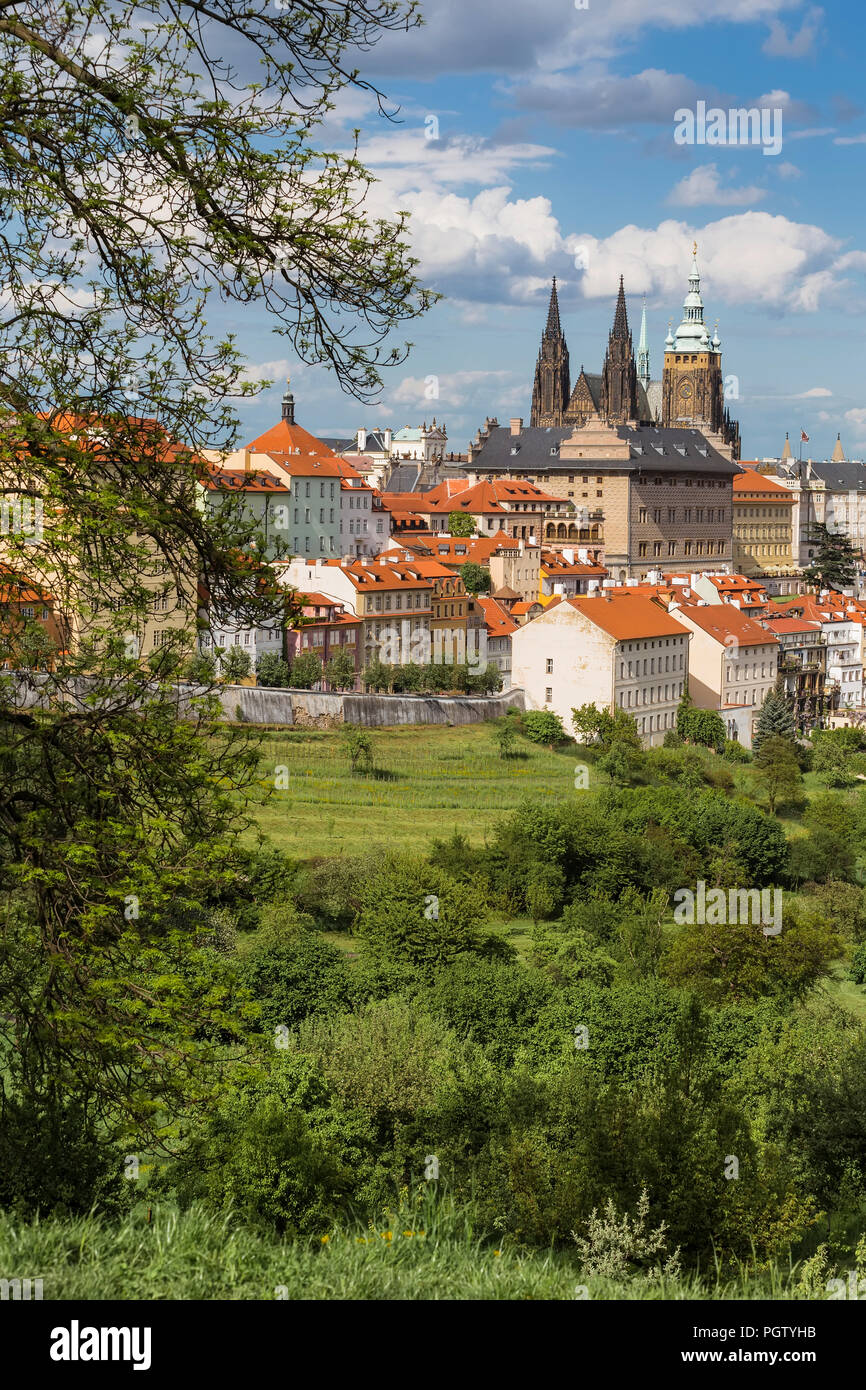 Vue sur le château de Prague et cathédrale Saint-Guy de Prague à partir de la plate-forme d'observation sur la colline de Petrin. Prague Banque D'Images