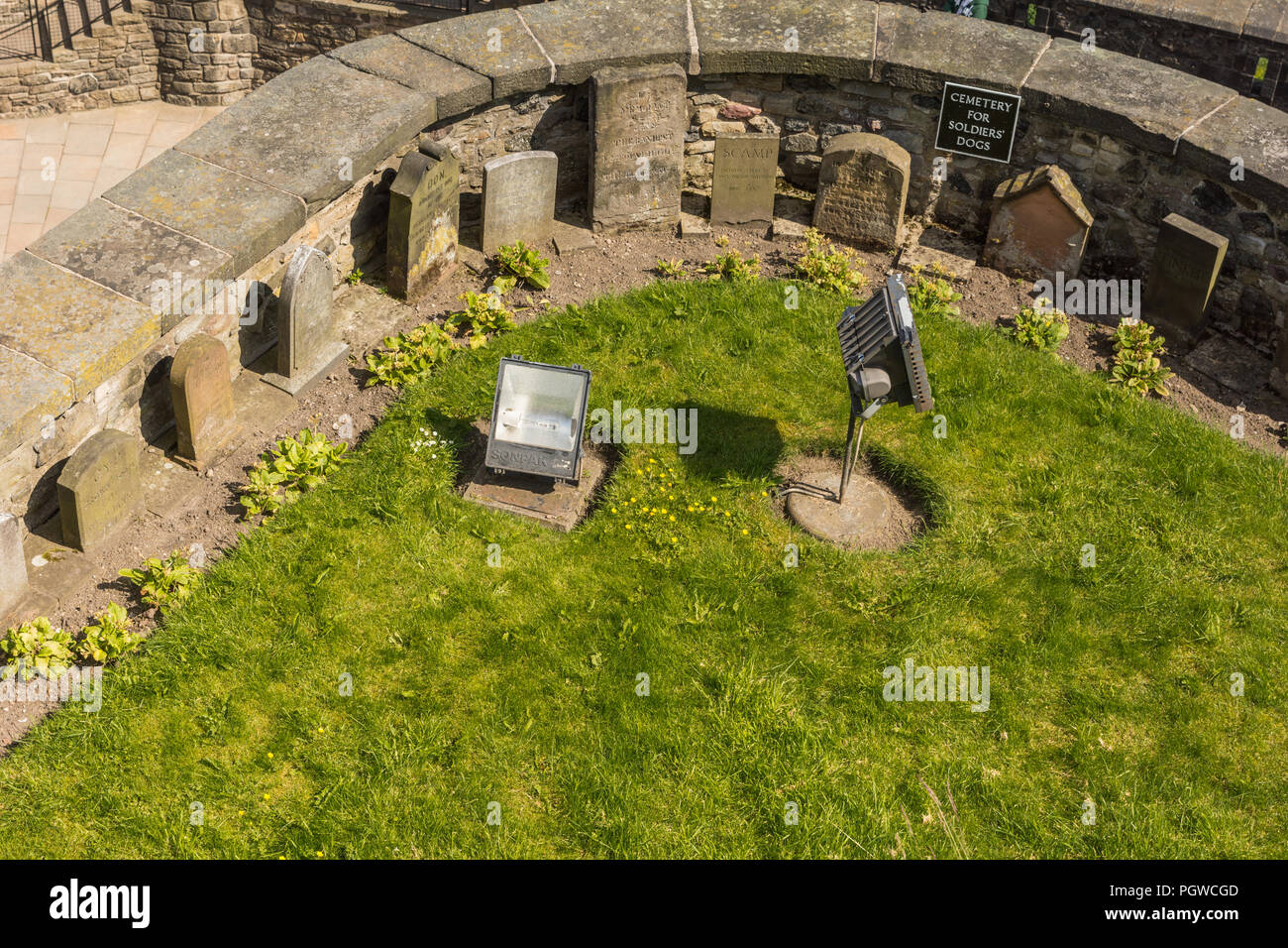 Edimbourg, Ecosse, ROYAUME UNI - 14 juin 2012 : Cimetière militaire dog brown avec des pierres tombales et pelouse verte au château. Banque D'Images