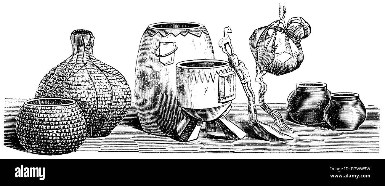 De l'herbe, des paniers tressés aux bateaux en bois sculpté, cuillère, boîte de tabac, de la poterie à partir de l'Afrique, 1868 Banque D'Images